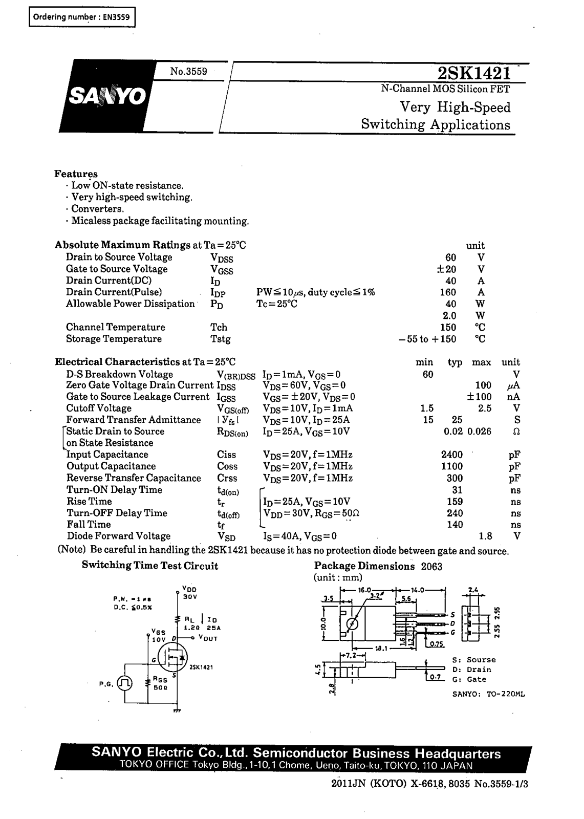 Datasheet 2SK1421 Datasheet (SANYO) - ManualMachine.com