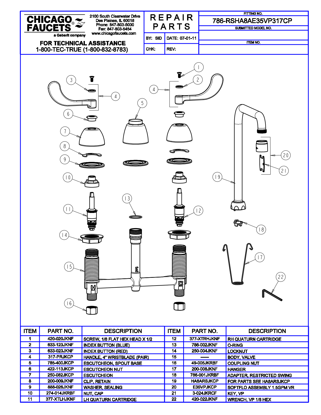 Chicago Faucet 786-RSHA8AE35VP317CP Parts List