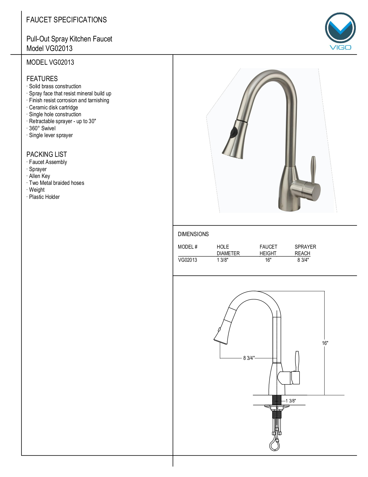 Vigo VG15295, VG15328 Specifications