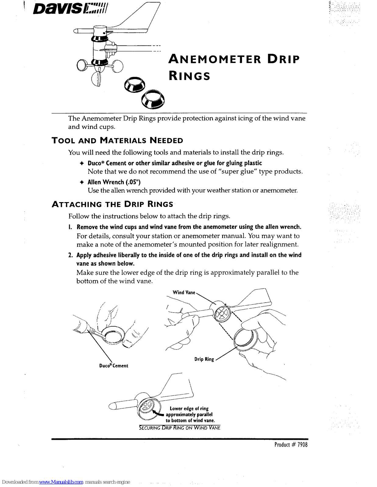 Davis Instruments Anemometer Drip Rings, 7908 Install Manual