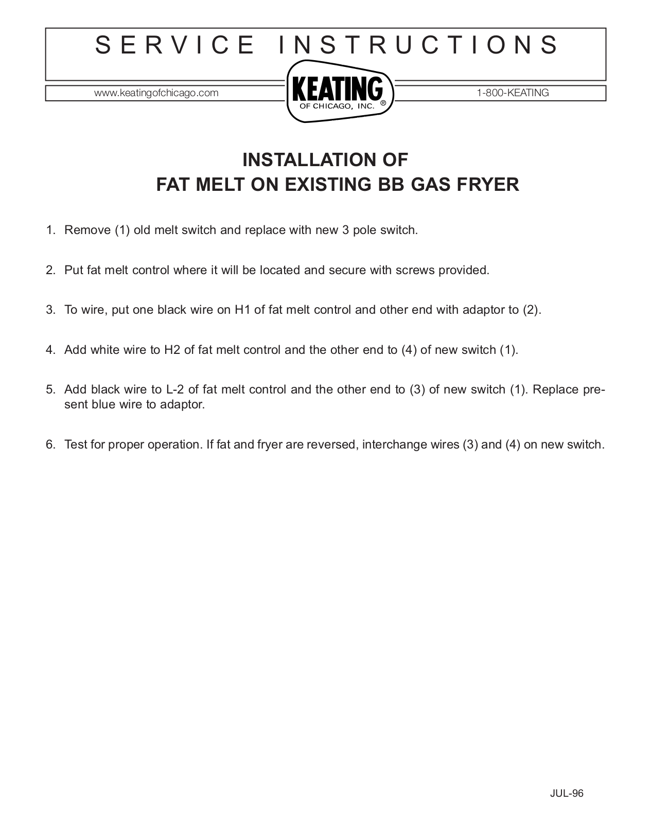 Keating Of Chicago BB Gas Fryer User Manual