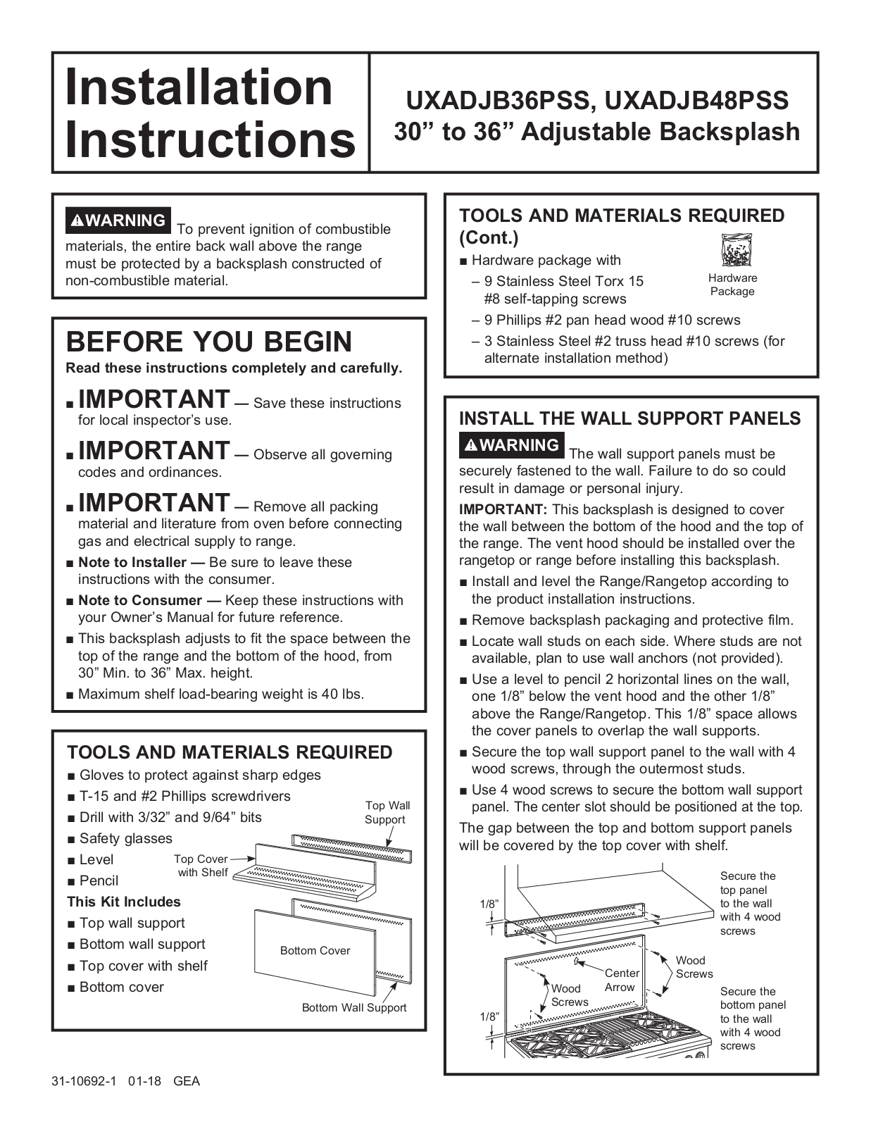 GE UXADJB48PSS, UXADJB36PSS Installation Guide