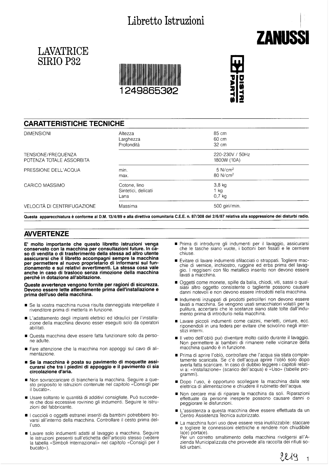 Zanussi SIRIO 32P User Manual