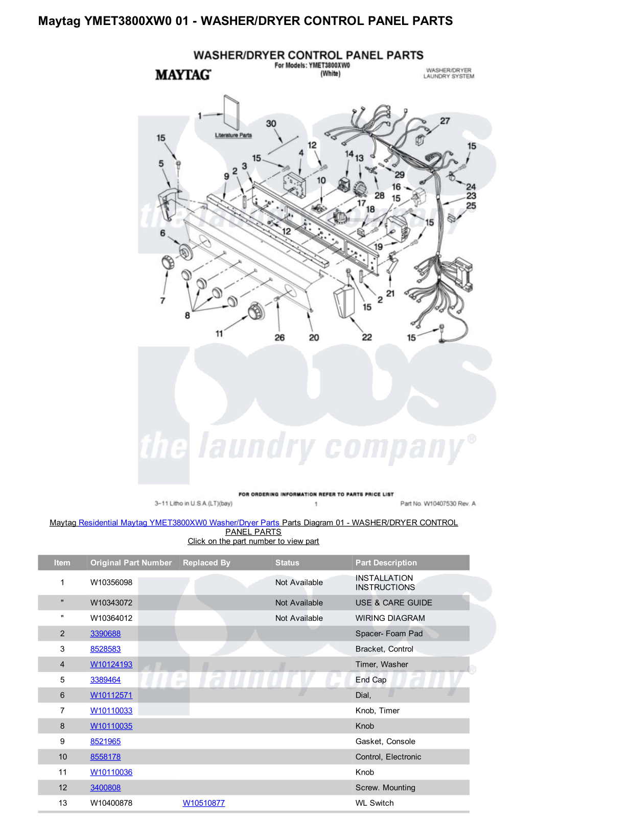 Maytag YMET3800XW0/Dryer Parts Diagram