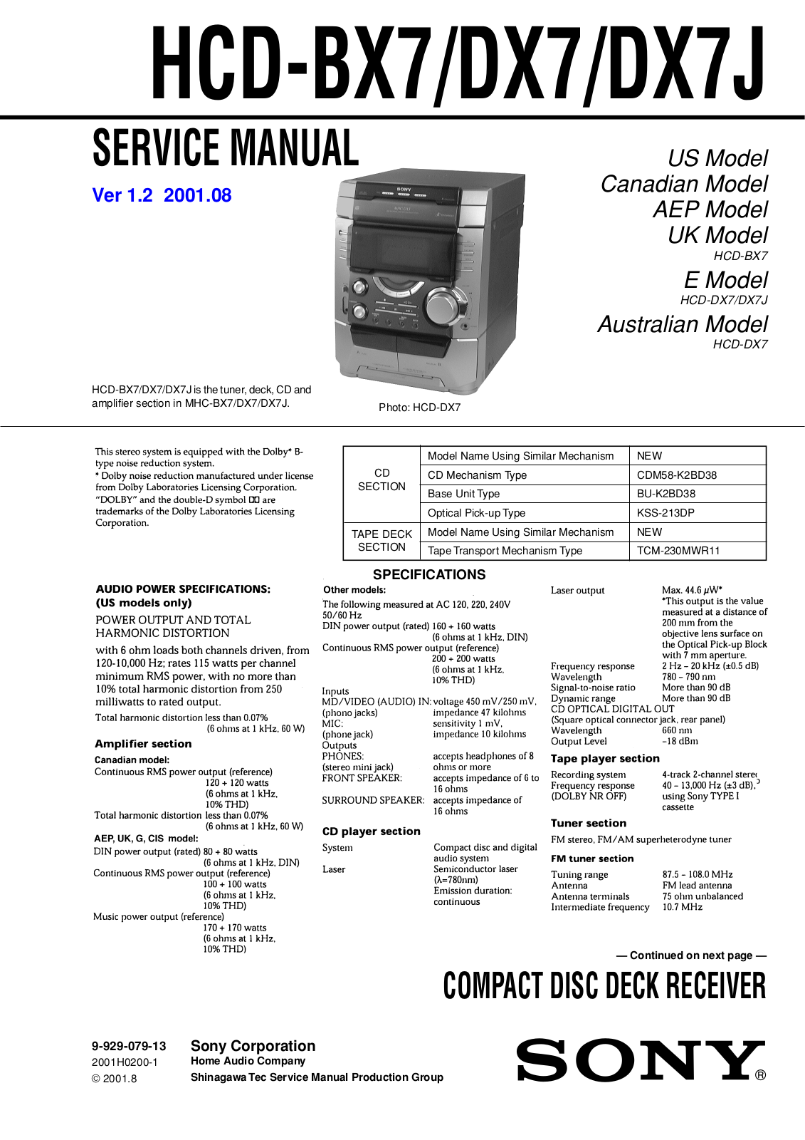 Sony HCD-BX7, HCD-DX7, HCD-DX7J Service manual