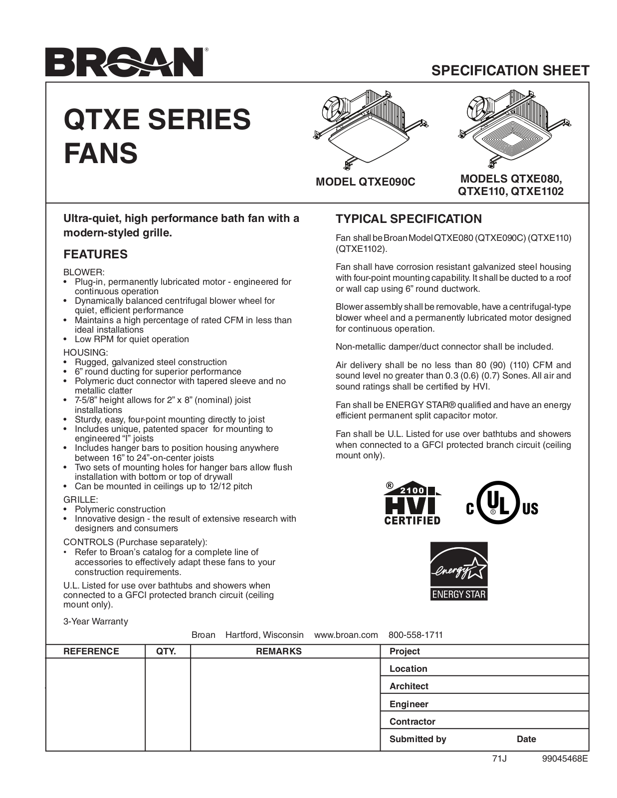 Broan NuTone BQNU1127 Specifications - ManualMachine.com