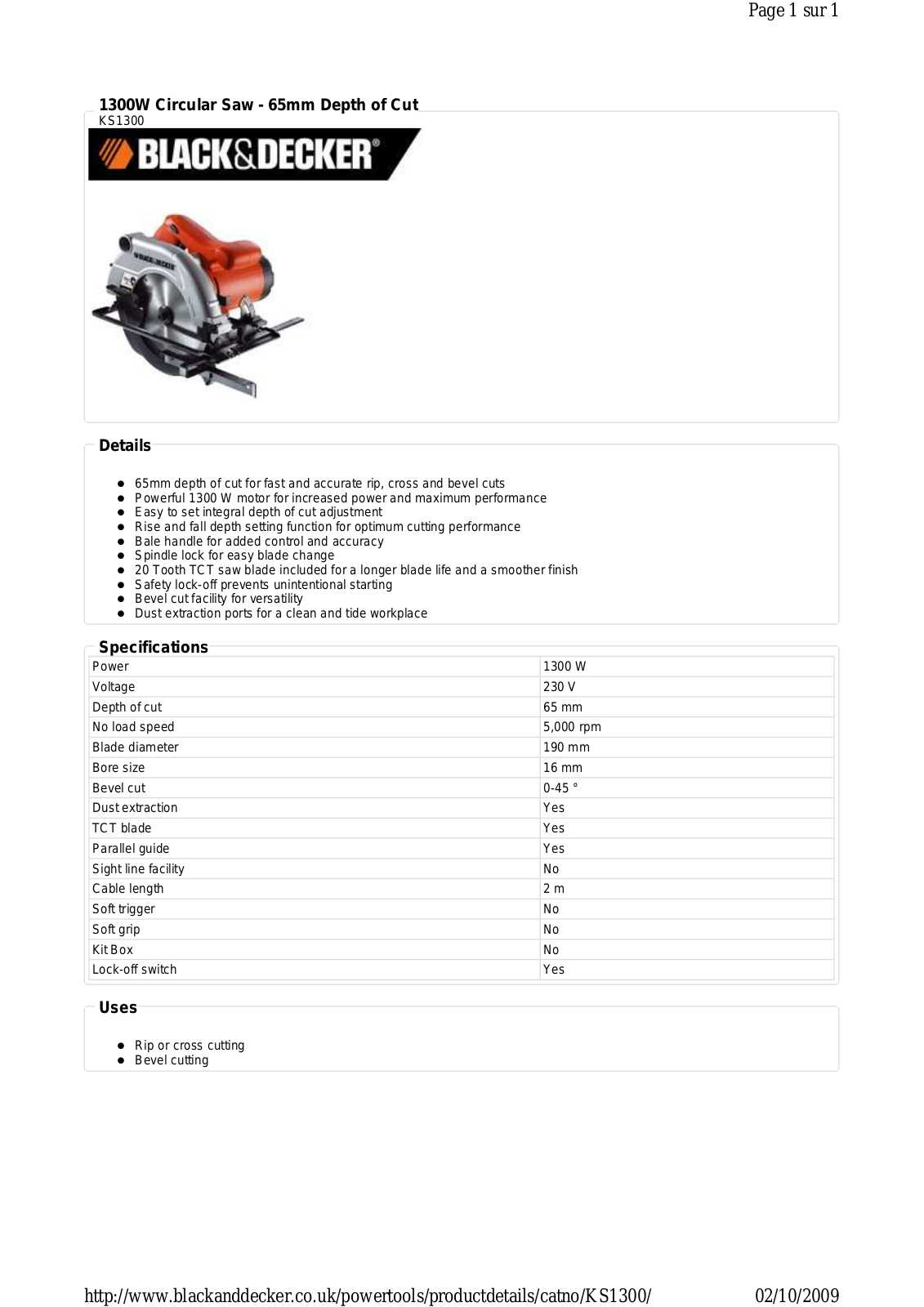 Black & decker KS1300 DATASHEET