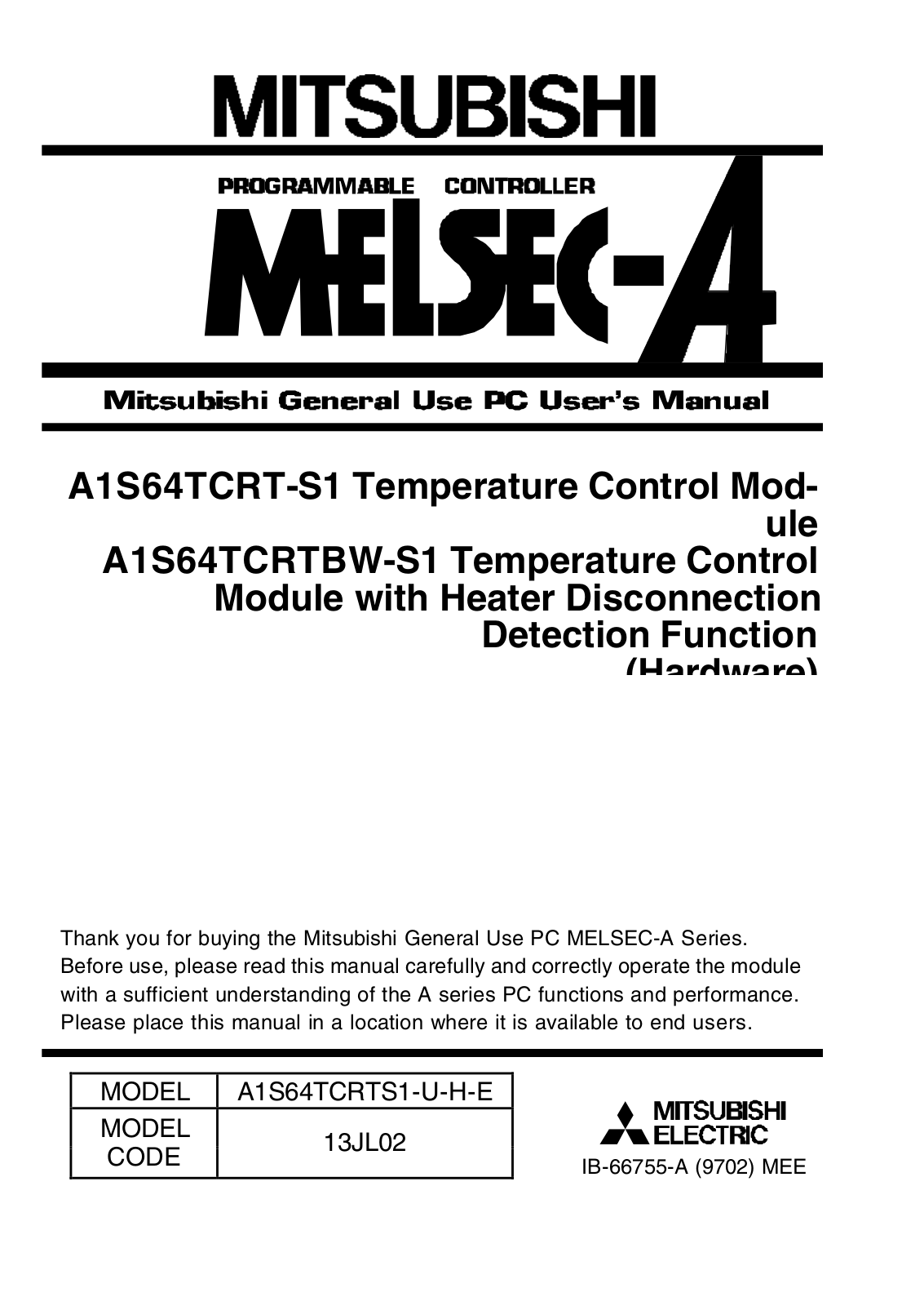 Mitsubishi Electric MELSEC-A, A1S64TCRT-S1, A1S64TCRTBW-S1, A1S64TCRTS1-U-H-E User Manual