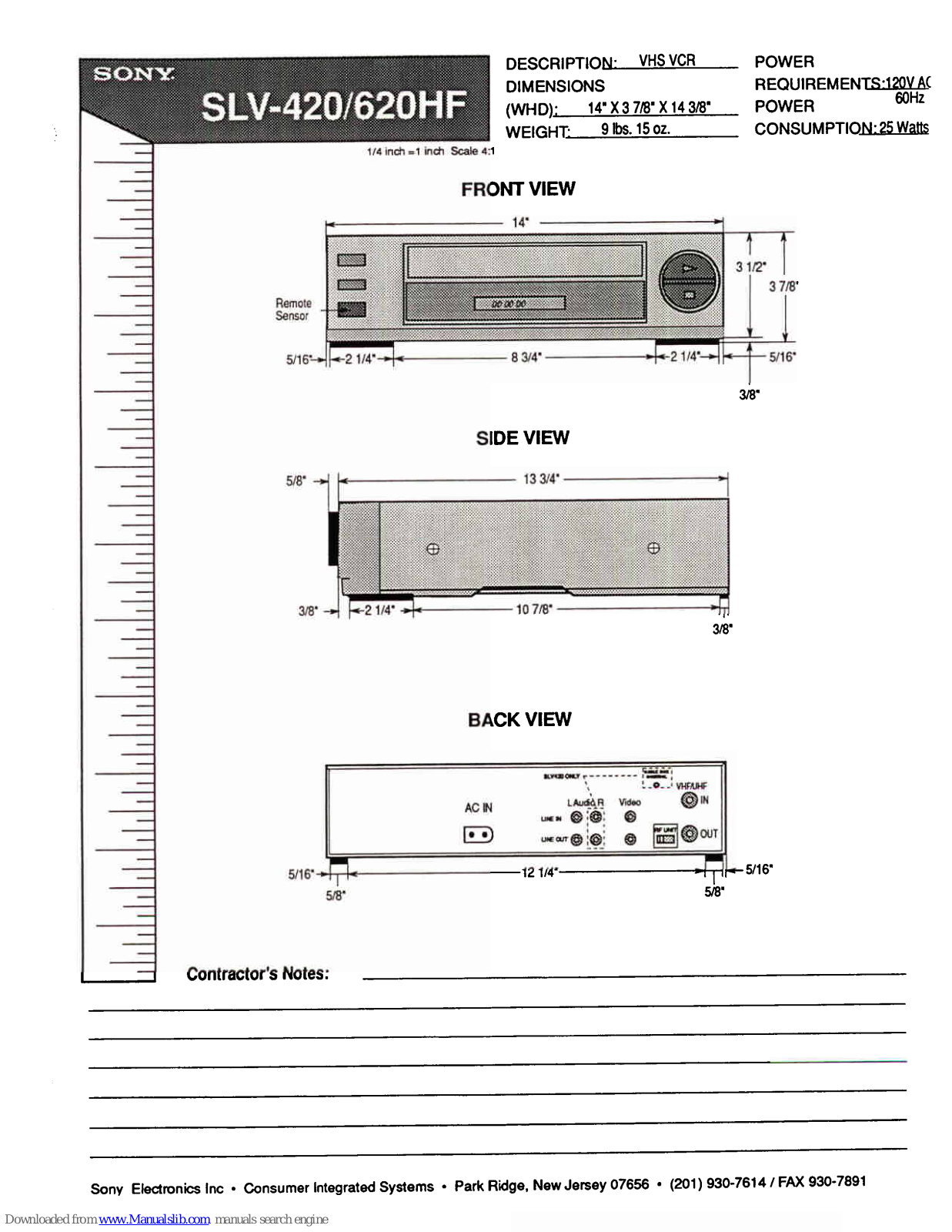 Sony SLV-420 - Video Cassette Recorder, SLV-620HF Dimensions