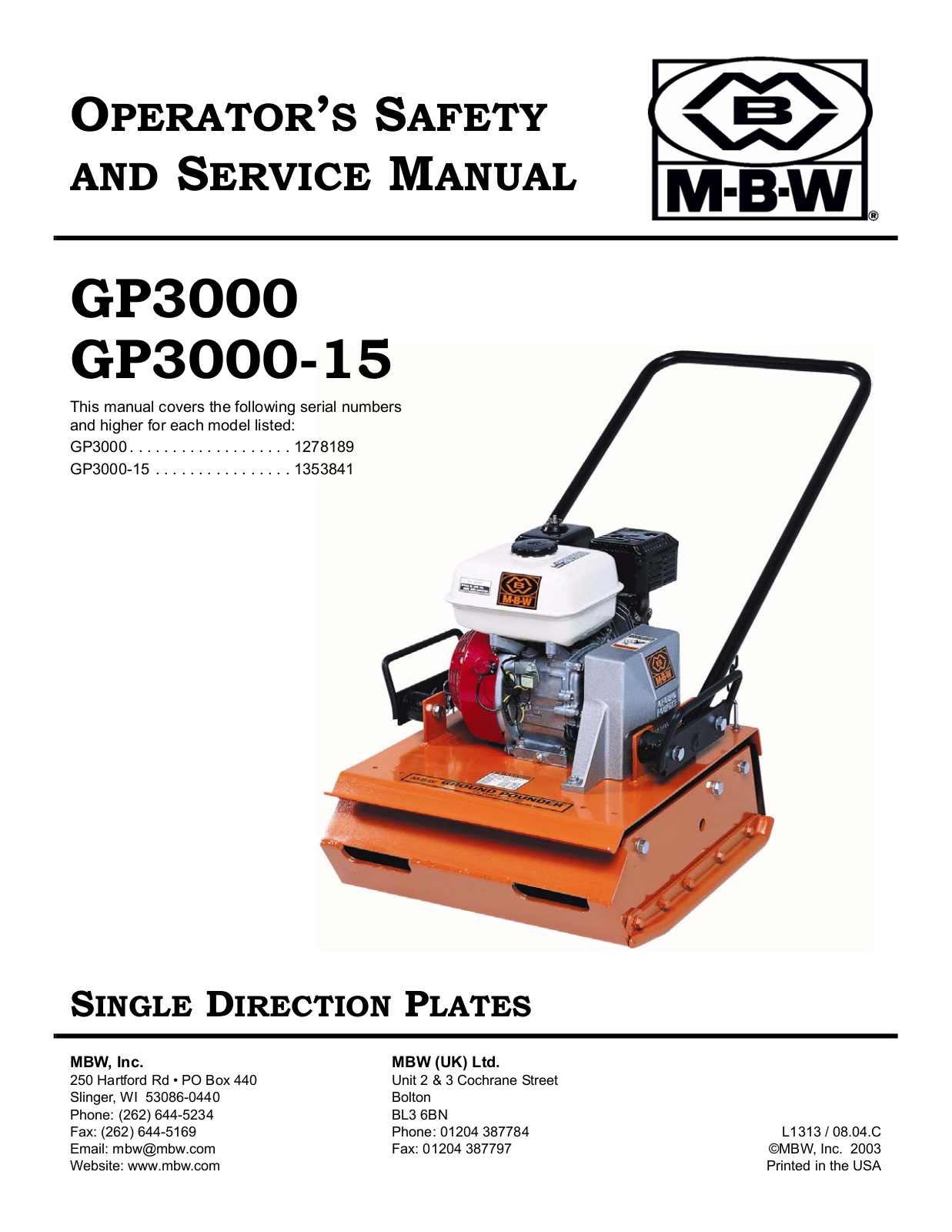 MBW SINGLE DIRECTION PLATES, GP3000-15, GP3000 User Manual