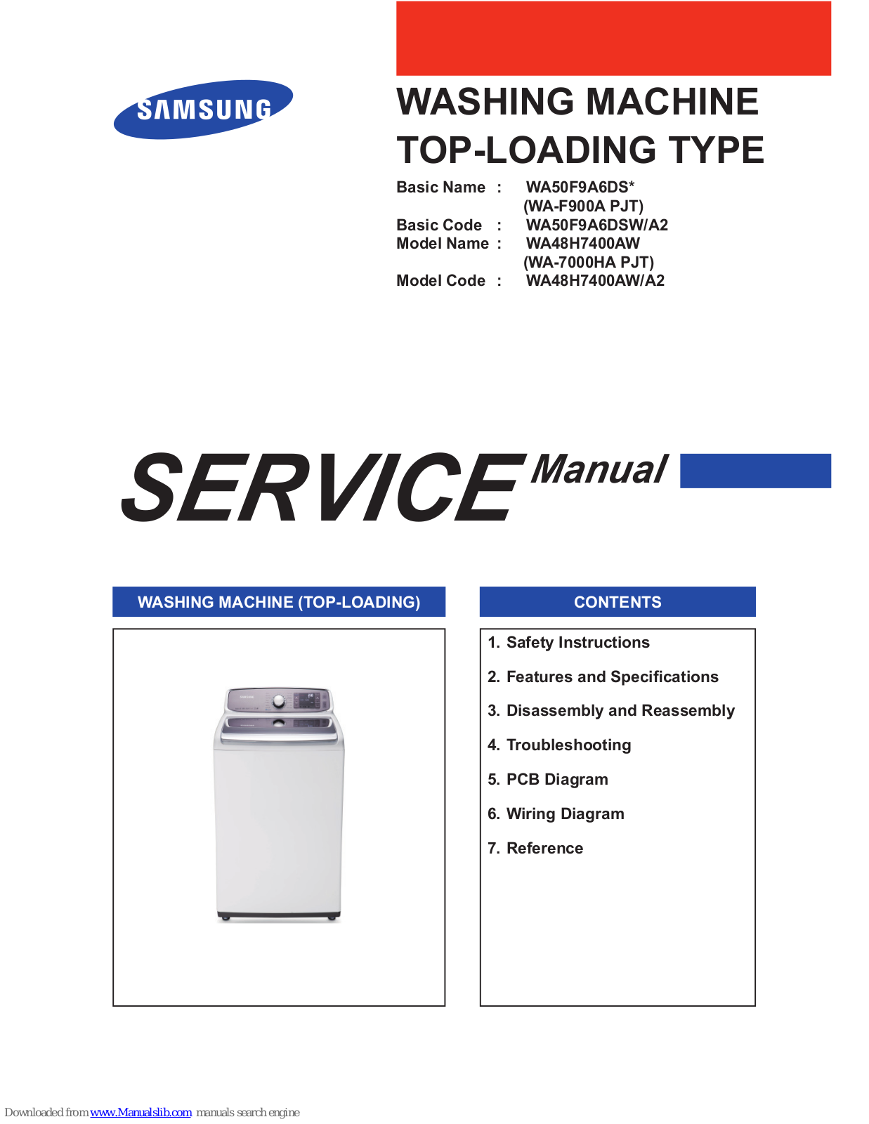 Samsung WA50F9A6DS SERIES, WA-F900A PJT, WA-7000HA PJT, WA48H7400AW/A2, WA50F9A6DSW/A2 Service Manual