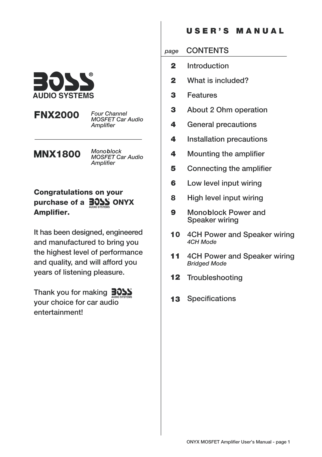 Boss Audio ONYX Class FNX2000, ONYX Class MNX1800 User Manual