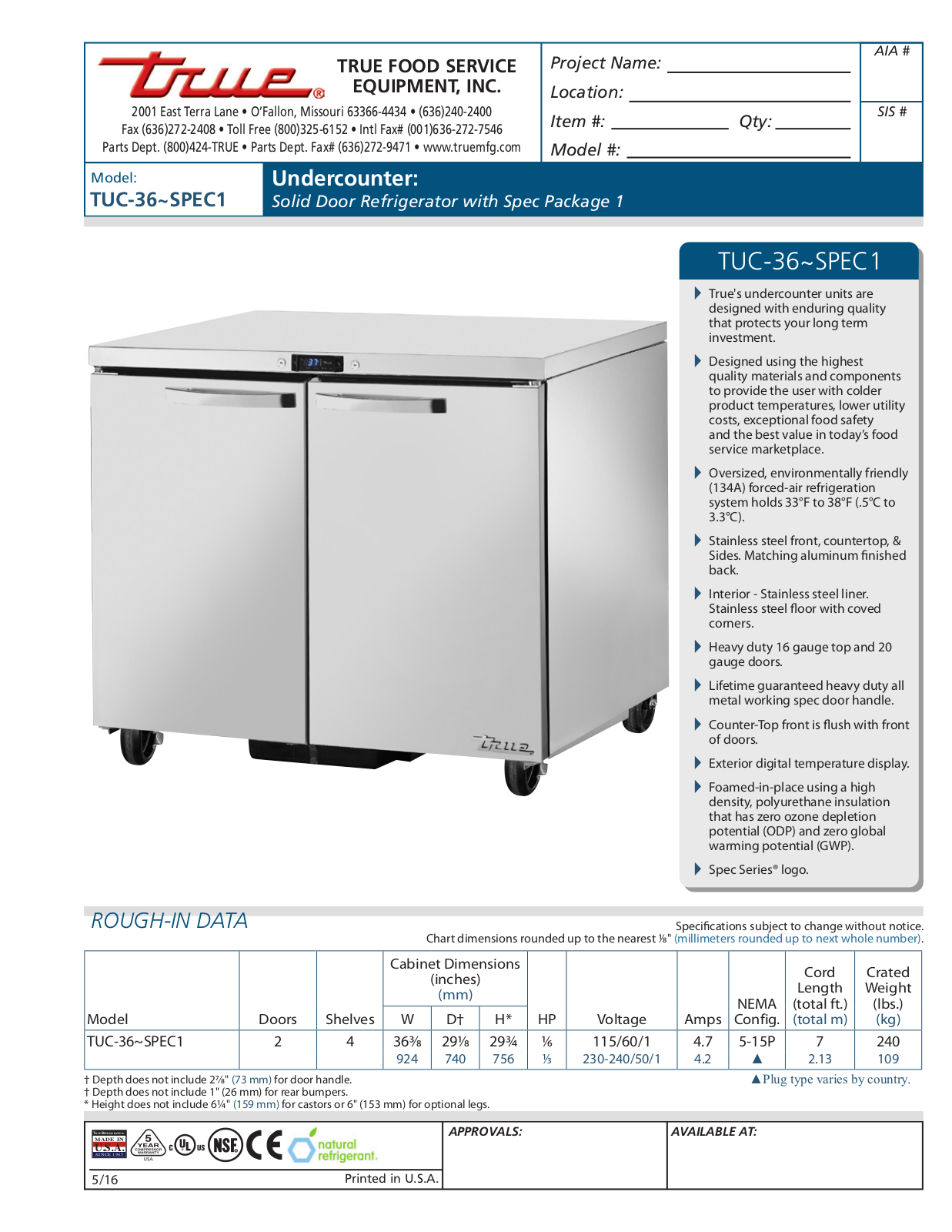 True TUC-36 User Manual