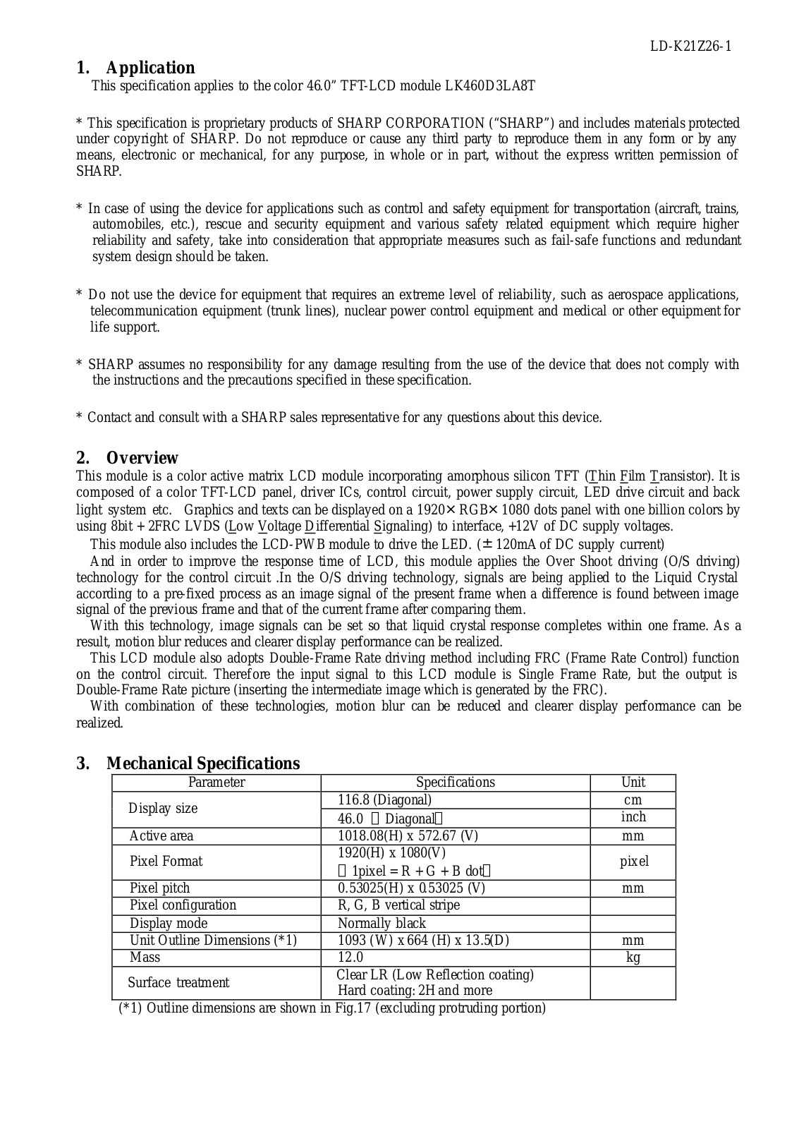 SHARP LK460D3LA8T Specification