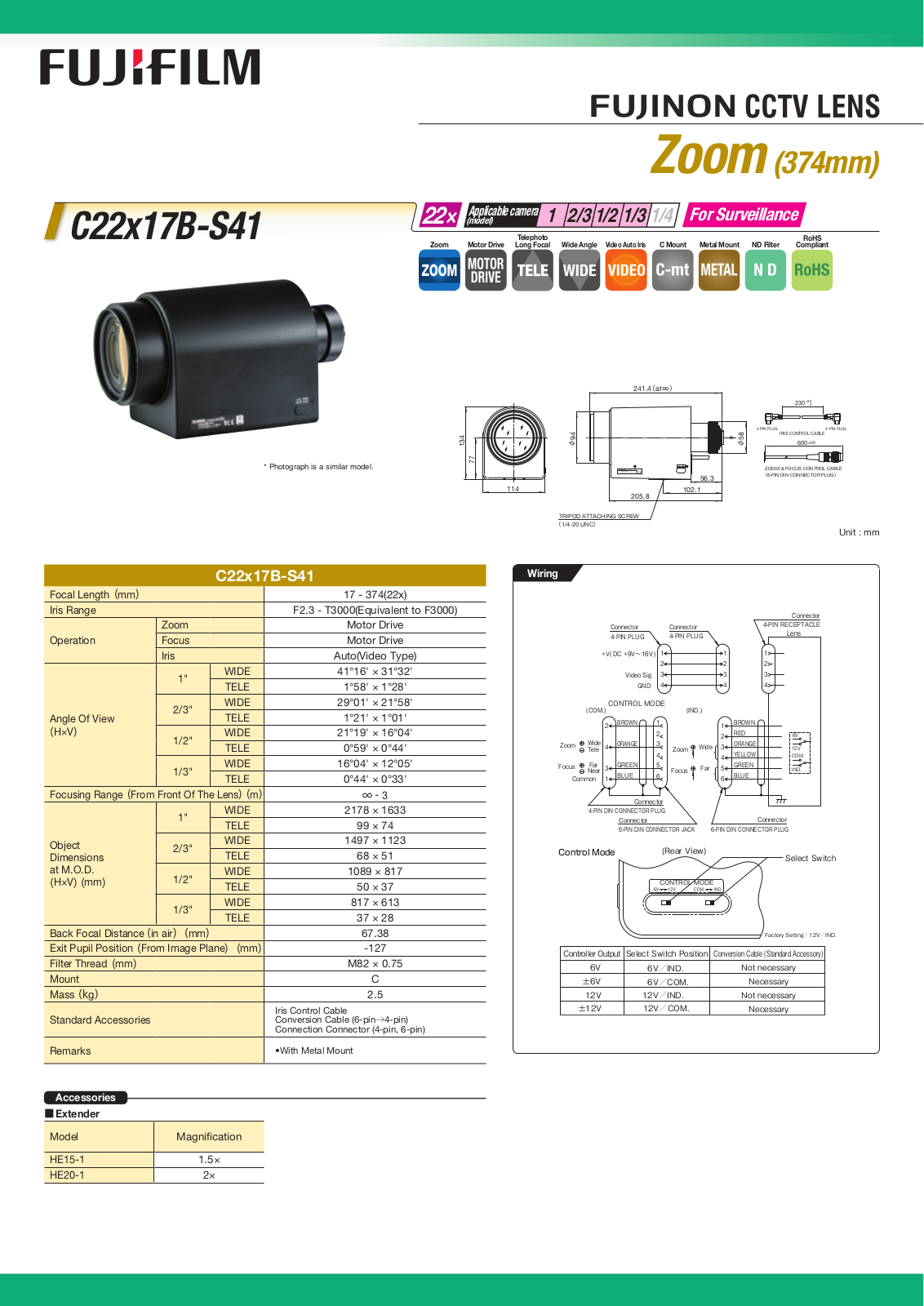 Fujinon C22x17B-S41 Specsheet