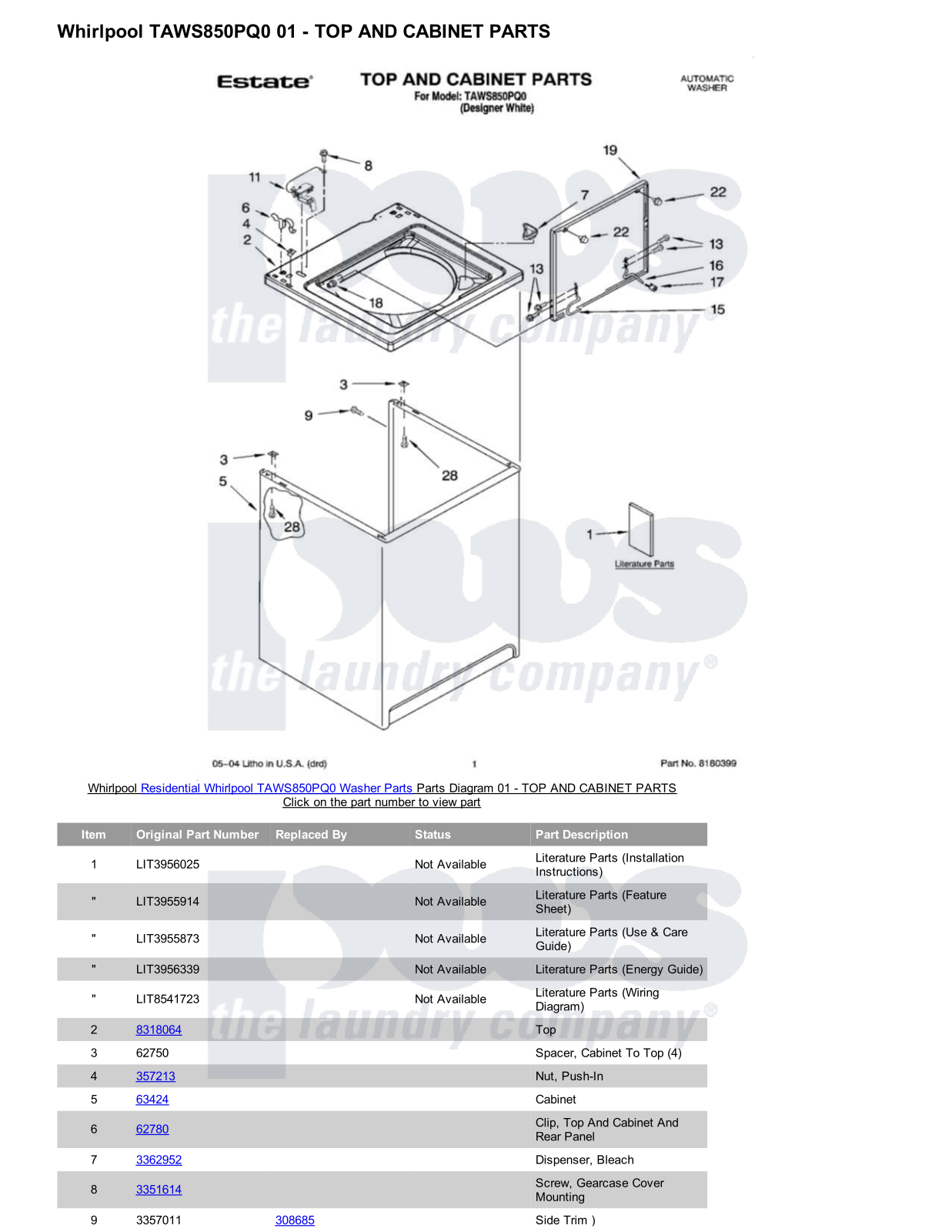 Whirlpool TAWS850PQ0 Parts Diagram