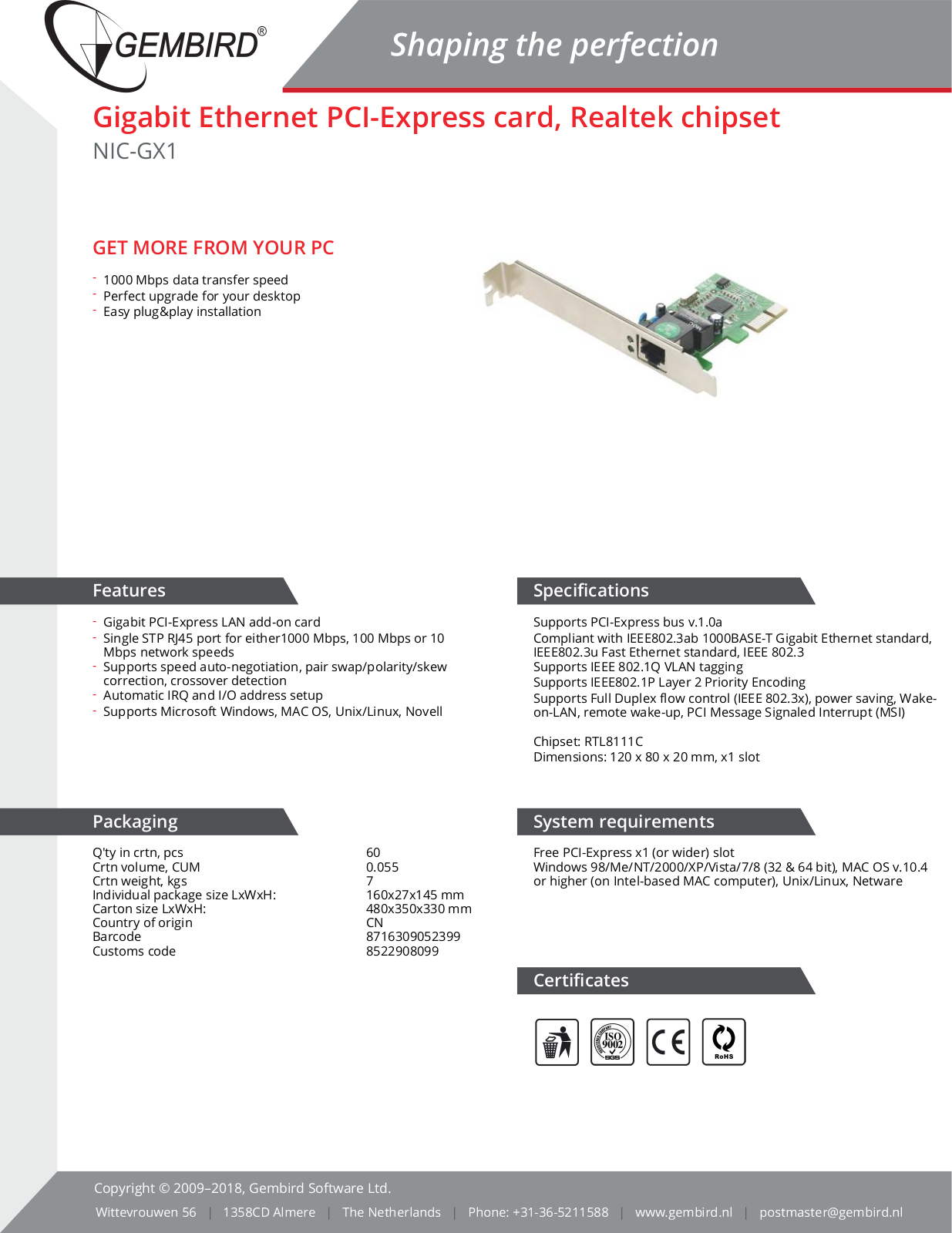 Gembird NIC-GX1 Technical data