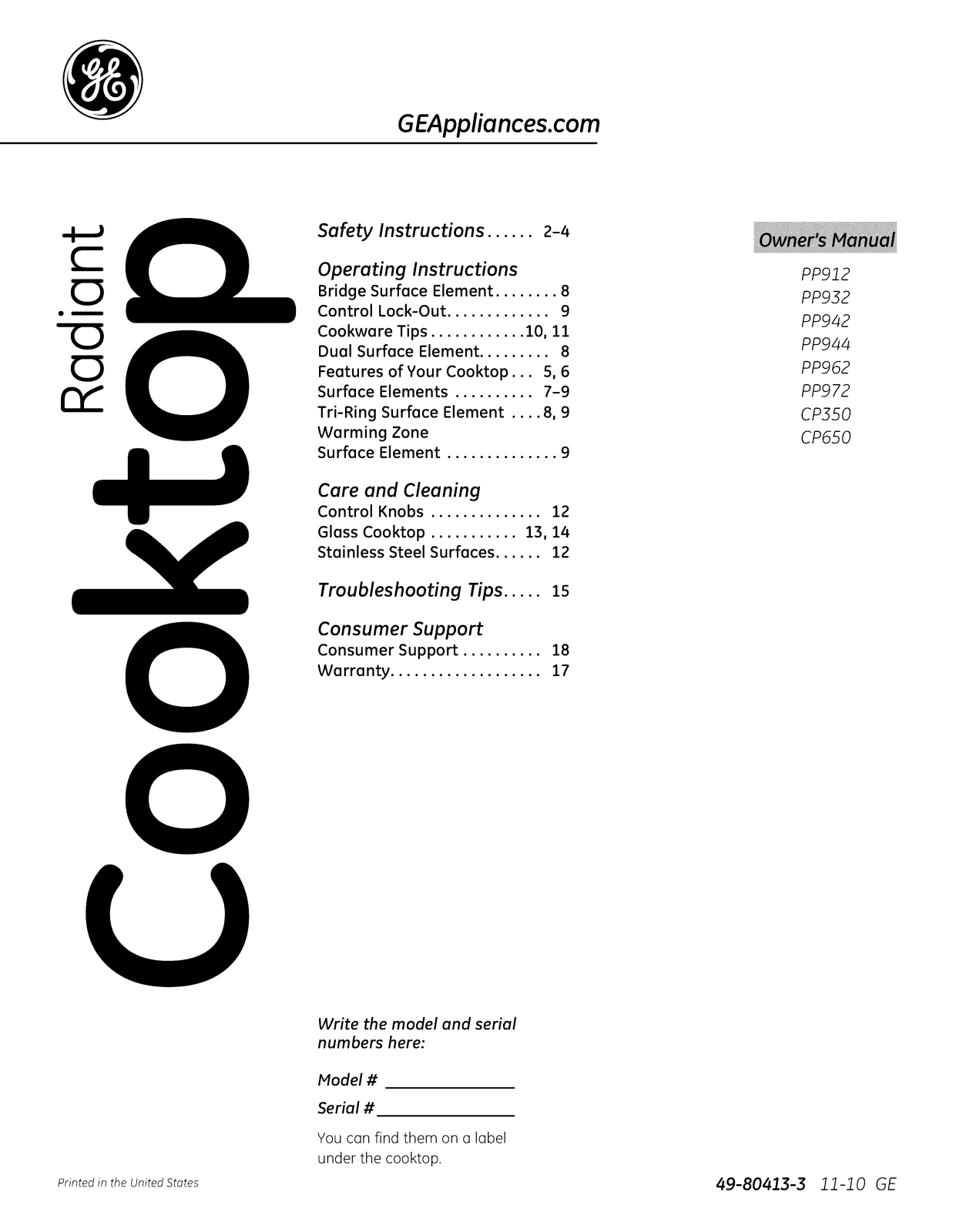 GE PP972TM2WW, PP972TM1WW, PP972SM3SS, PP972SM2SS, PP972SM1SS Owner’s Manual