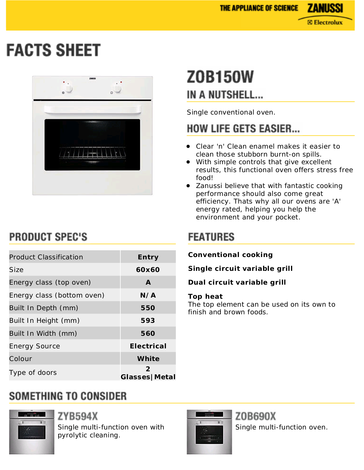 Zanussi ZOB150W Datasheet