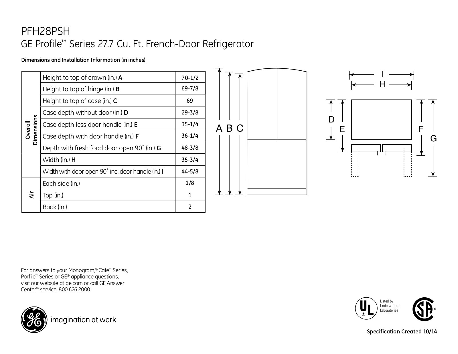 GE PFH28PSHSS Specification Sheet