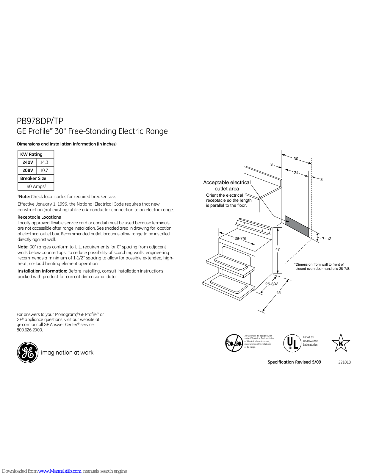 GE Profile PB978DP/TP, Profile PB978DPBB, Profile PB978TPWW, Profile PB978DP, Profile PB978TP Dimensions And Installation Information