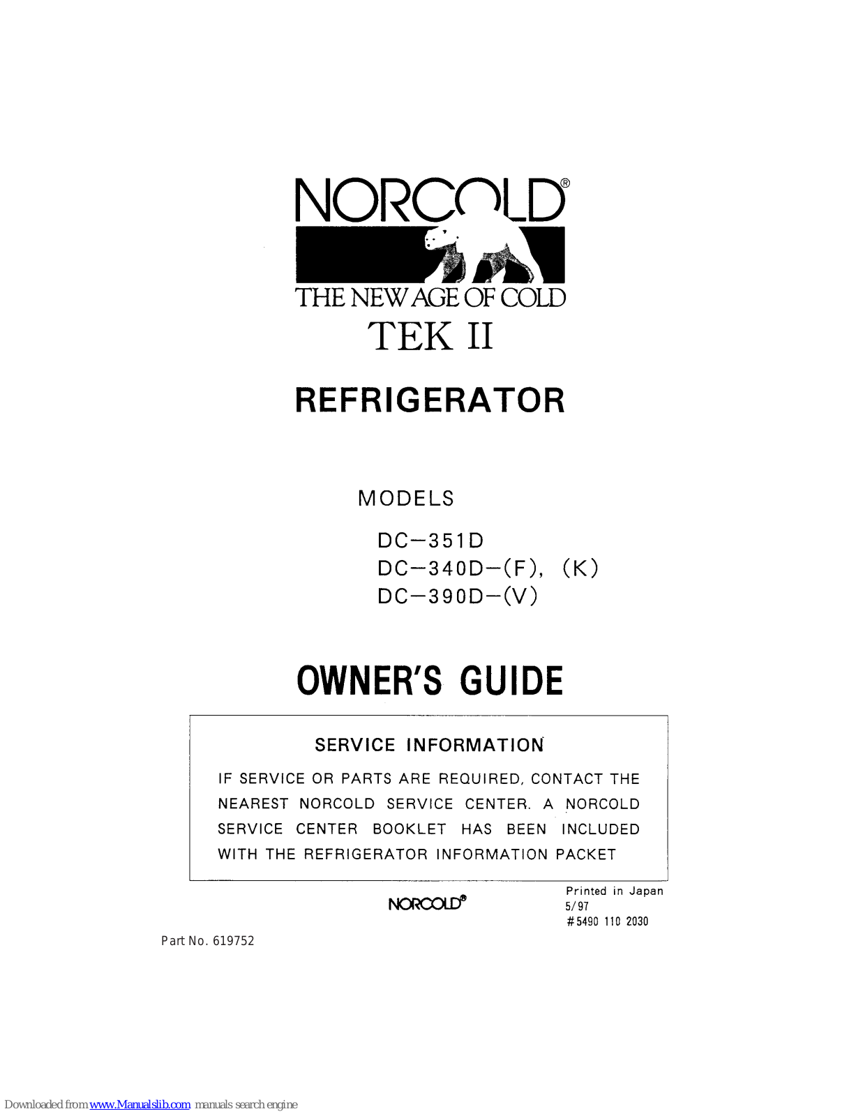 Norcold DC-340D, DC-390D, DC-351D, DC-351D-F, DC-351D-K Owner's Manual