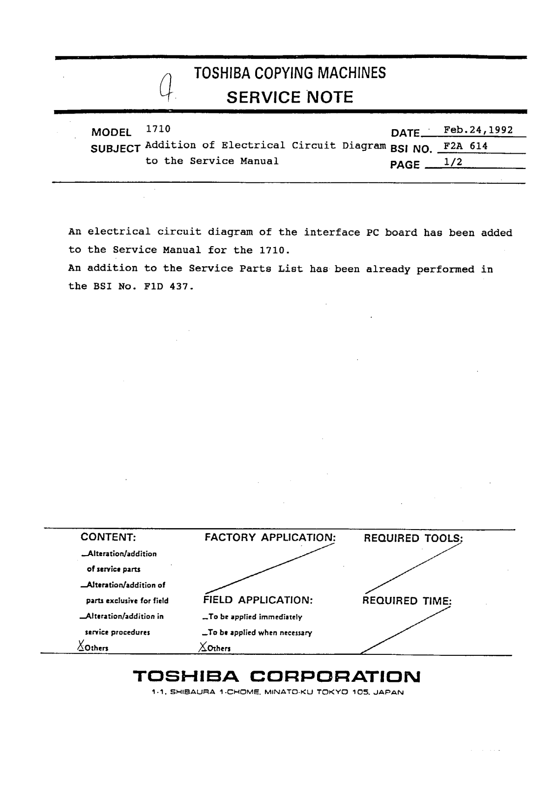 Toshiba f2a614 Service Note