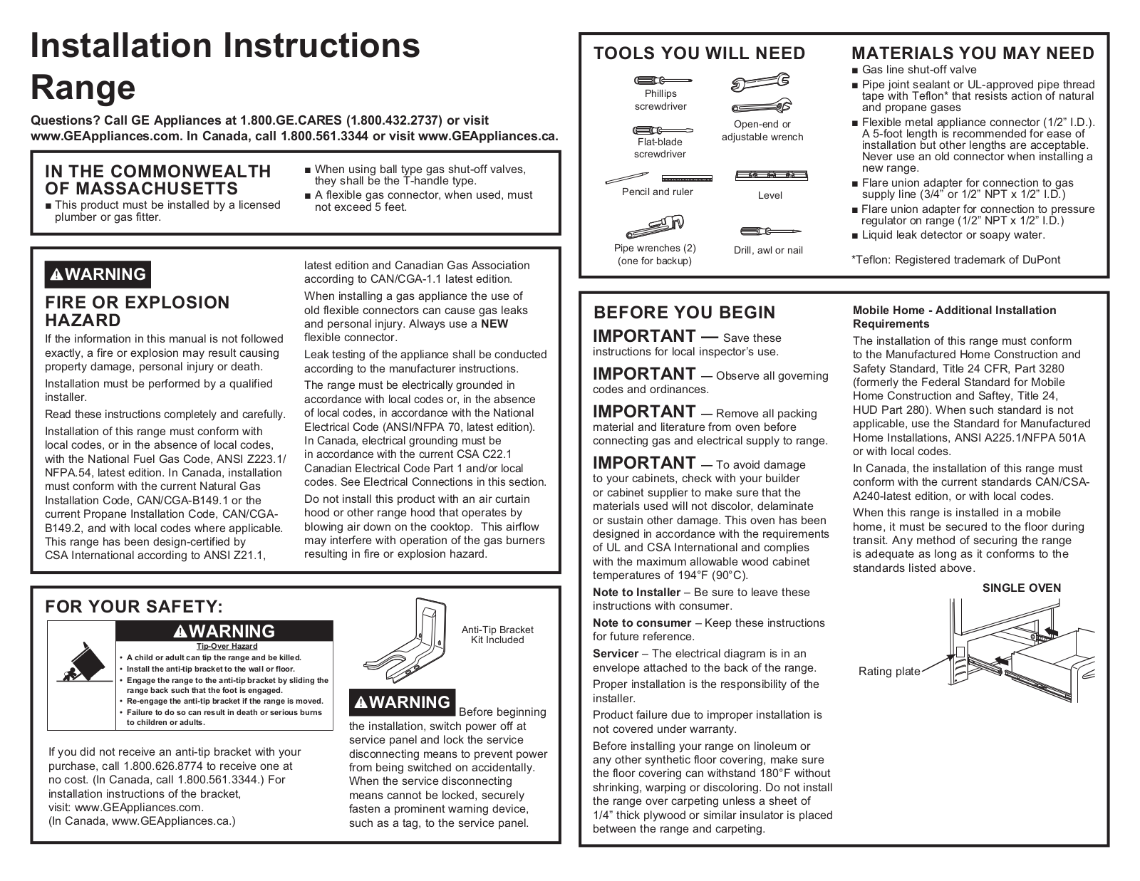 Hotpoint RGBS100DMWW Installation Manual