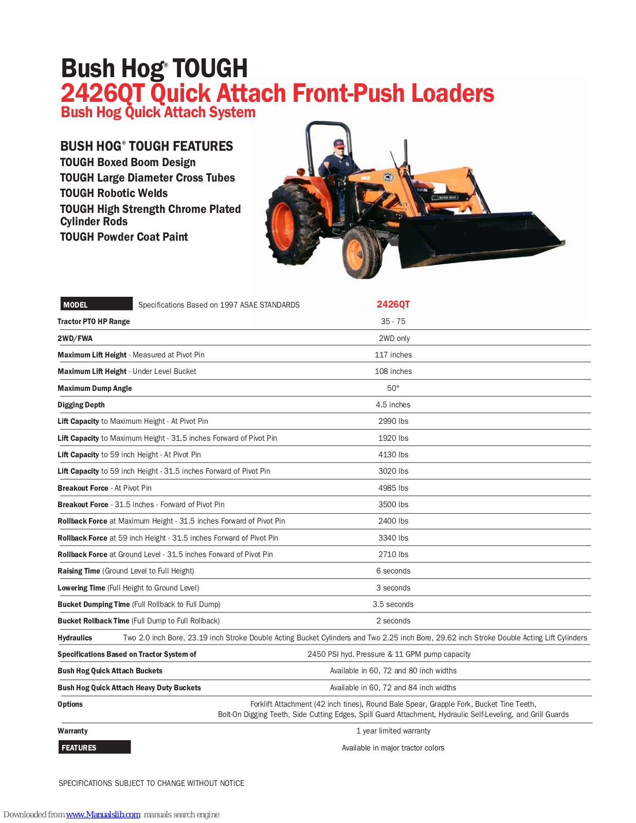 Bush Hog Front-Push Loaders 2426QT, TOUGH 2426QT Specifications