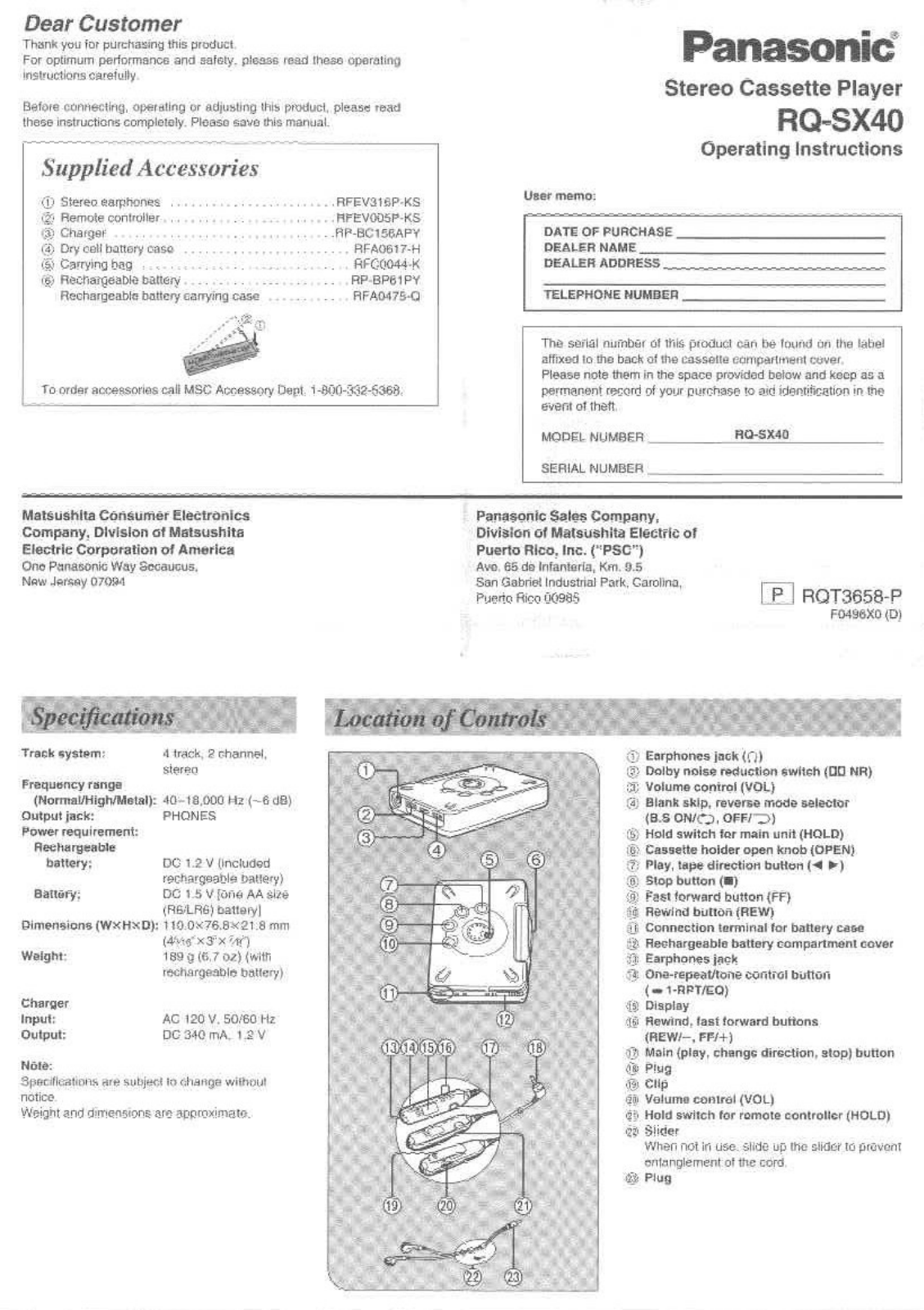 Panasonic RQSX40 User Manual