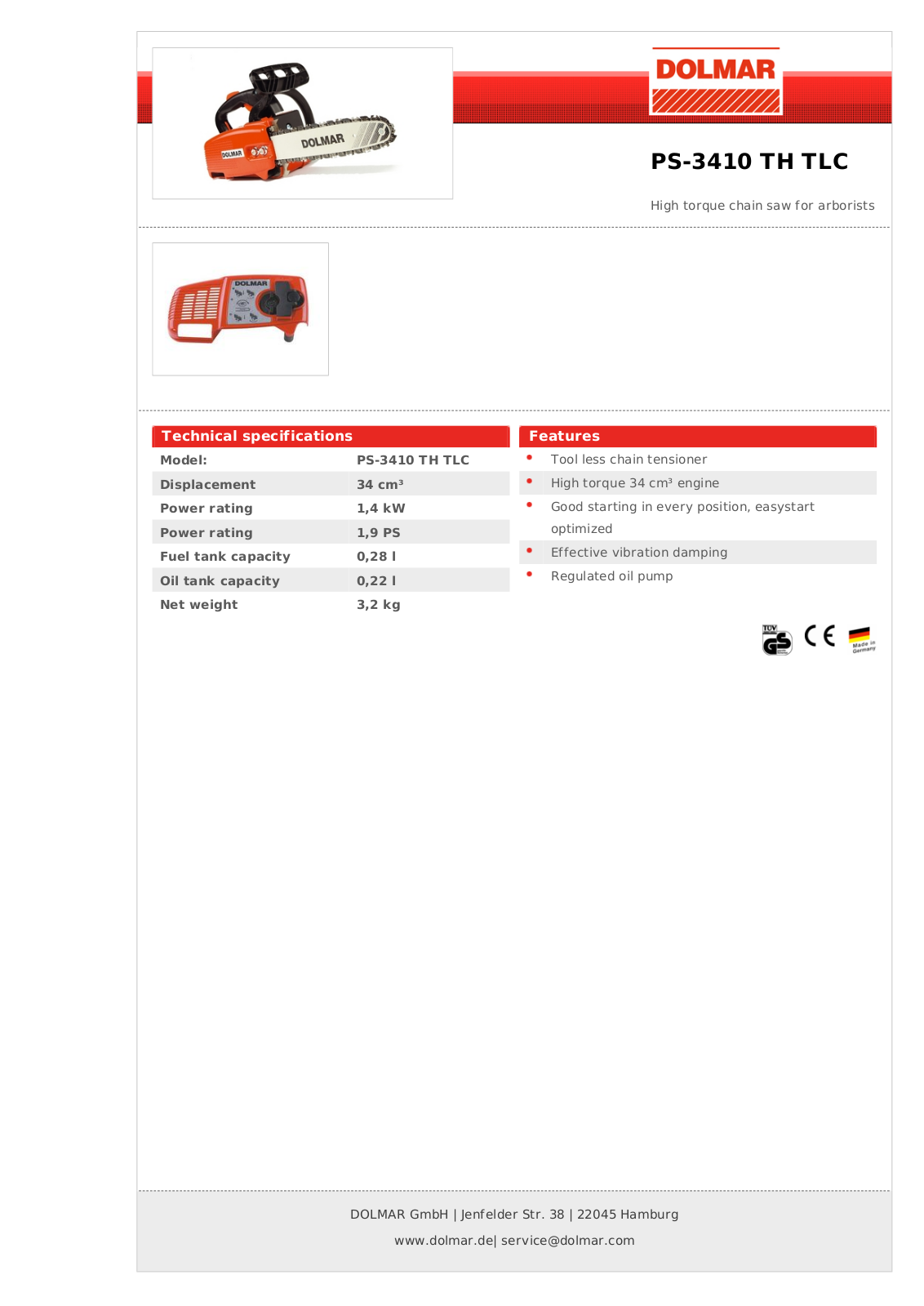 Dolmar PS-3410 TH TLC Technical specifications