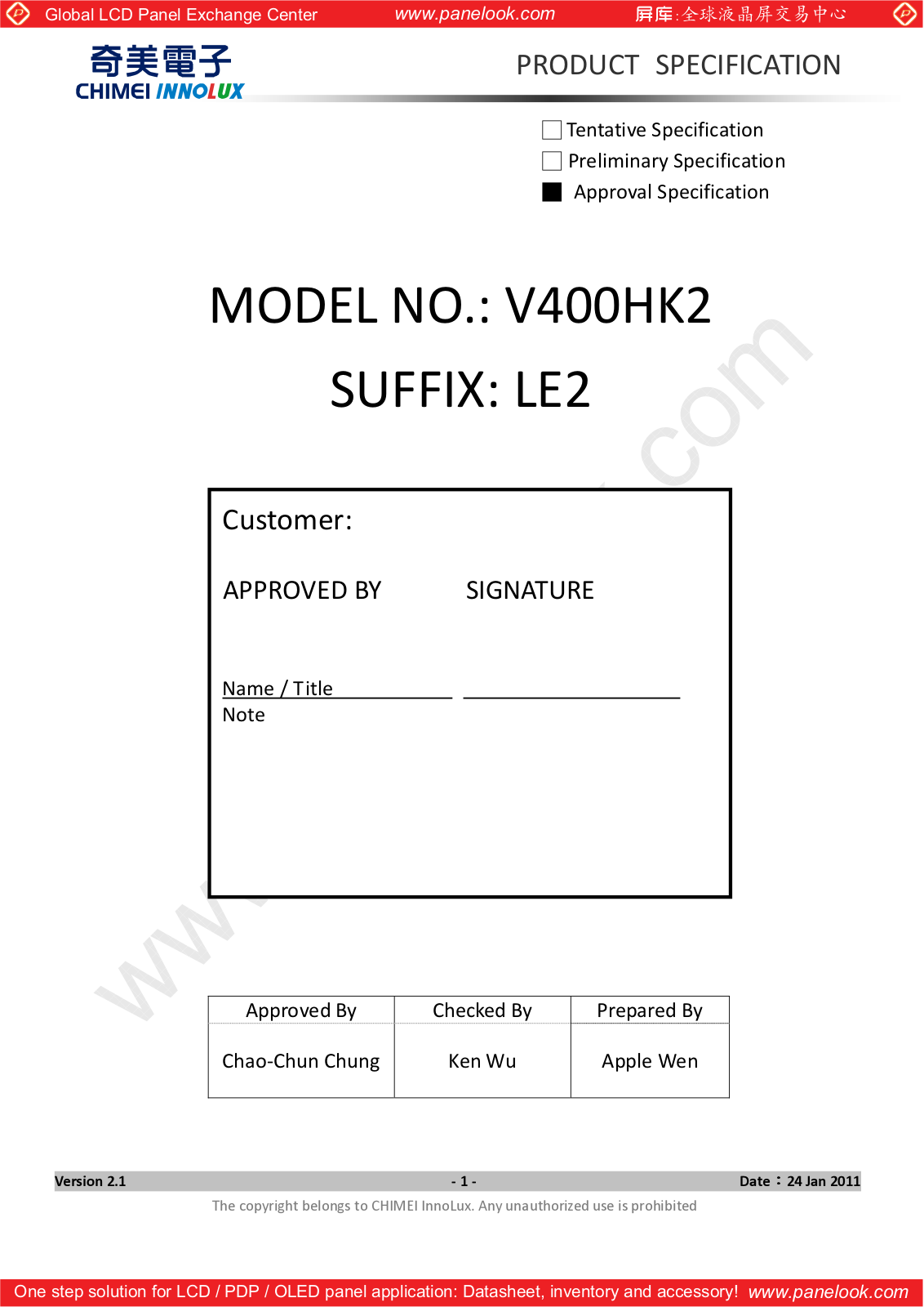 CHIMEI INNOLUX V400HK2-LE2 Specification