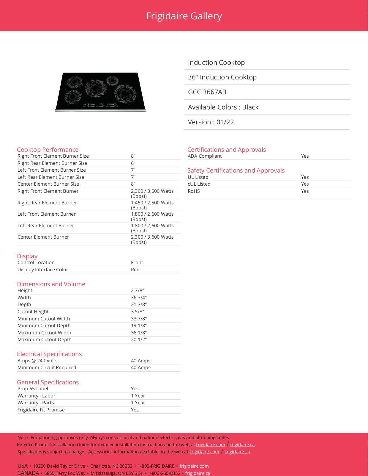 Frigidaire GCCI3667AB Specifications - ManualMachine.com