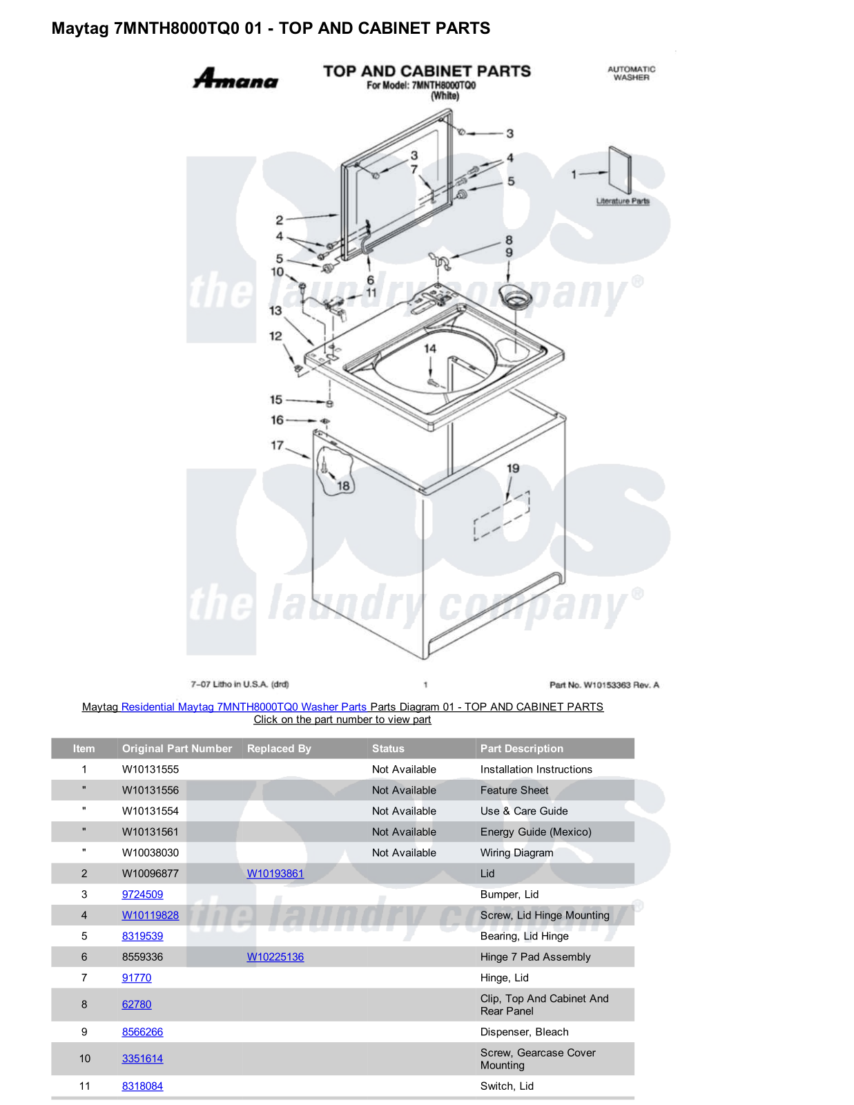 Maytag 7MNTH8000TQ0 Parts Diagram