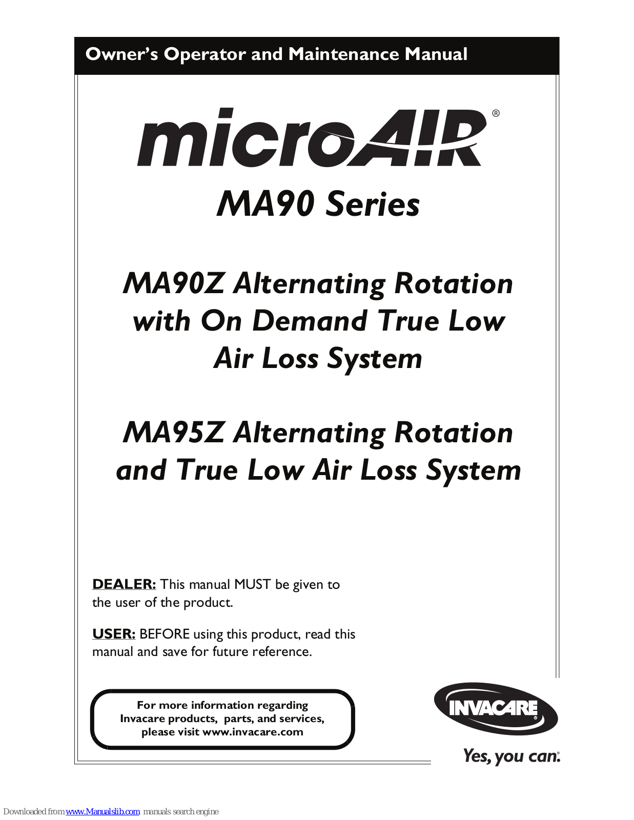 Invacare microAIR MA90 Series, microAIR MA90Z, microAIR MA95Z Owner's Operator And Maintenance Manual