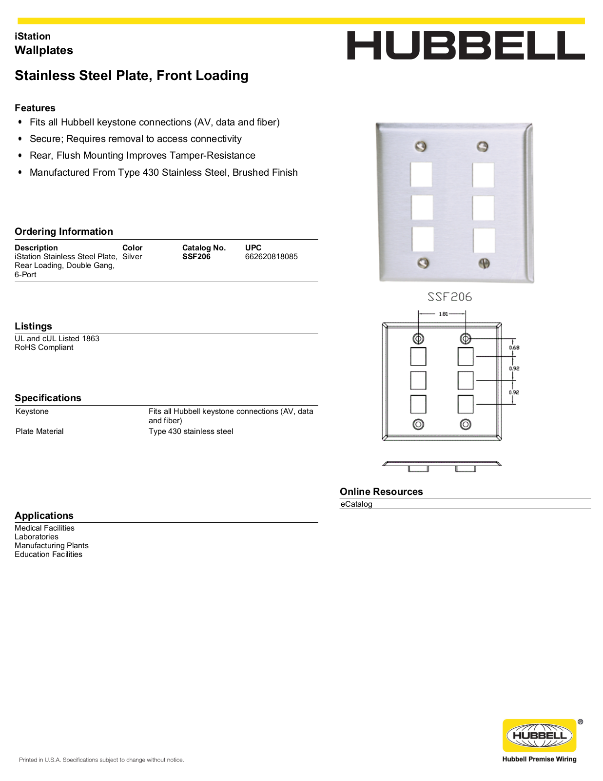 Hubbell SSF206 Specifications