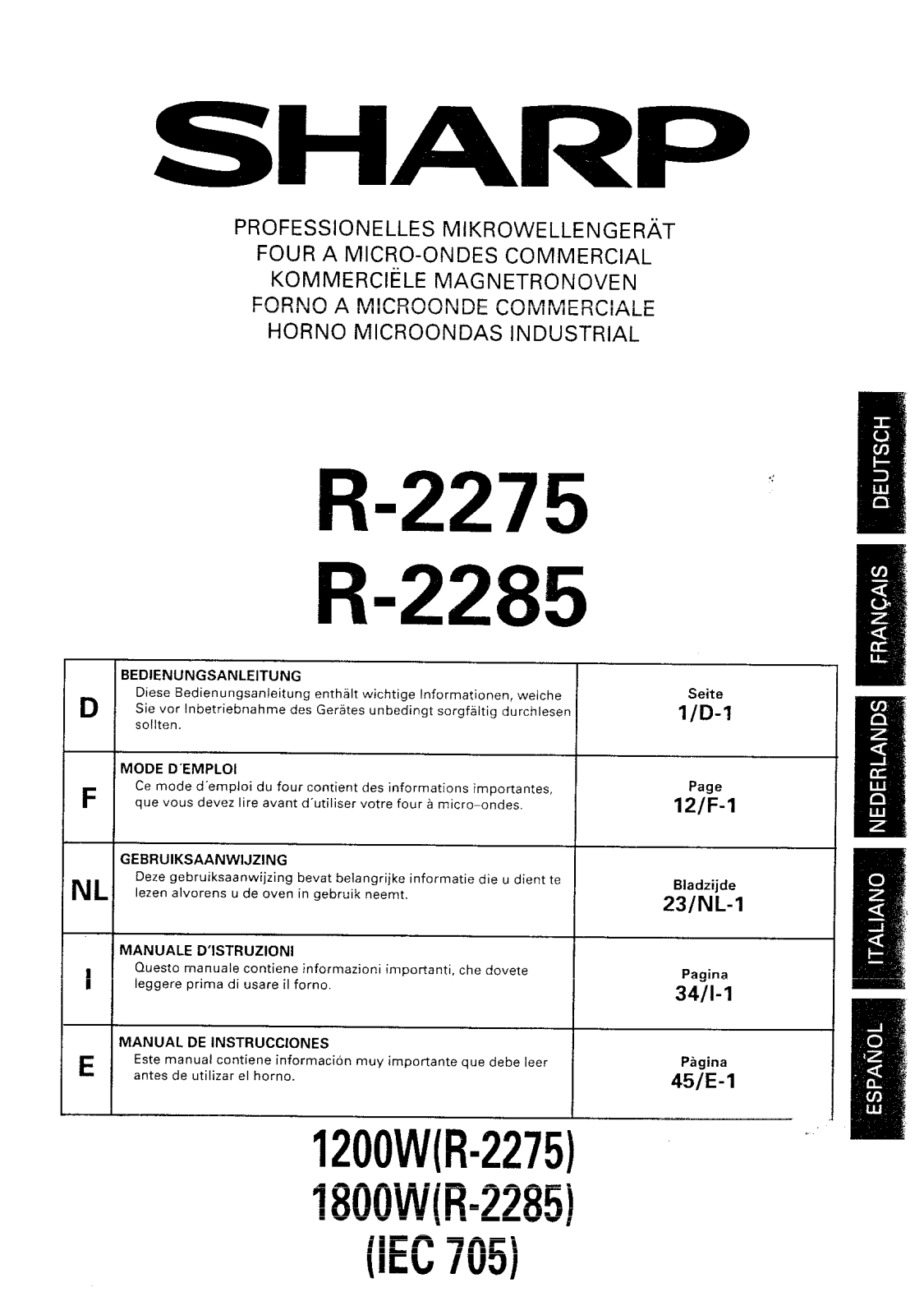 Sharp R-2275, R-2285 User Manual