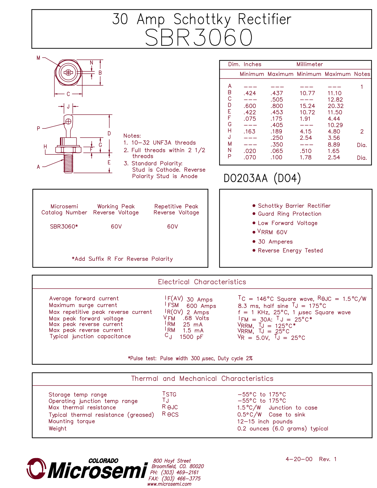 Microsemi Corporation SBR3060 Datasheet