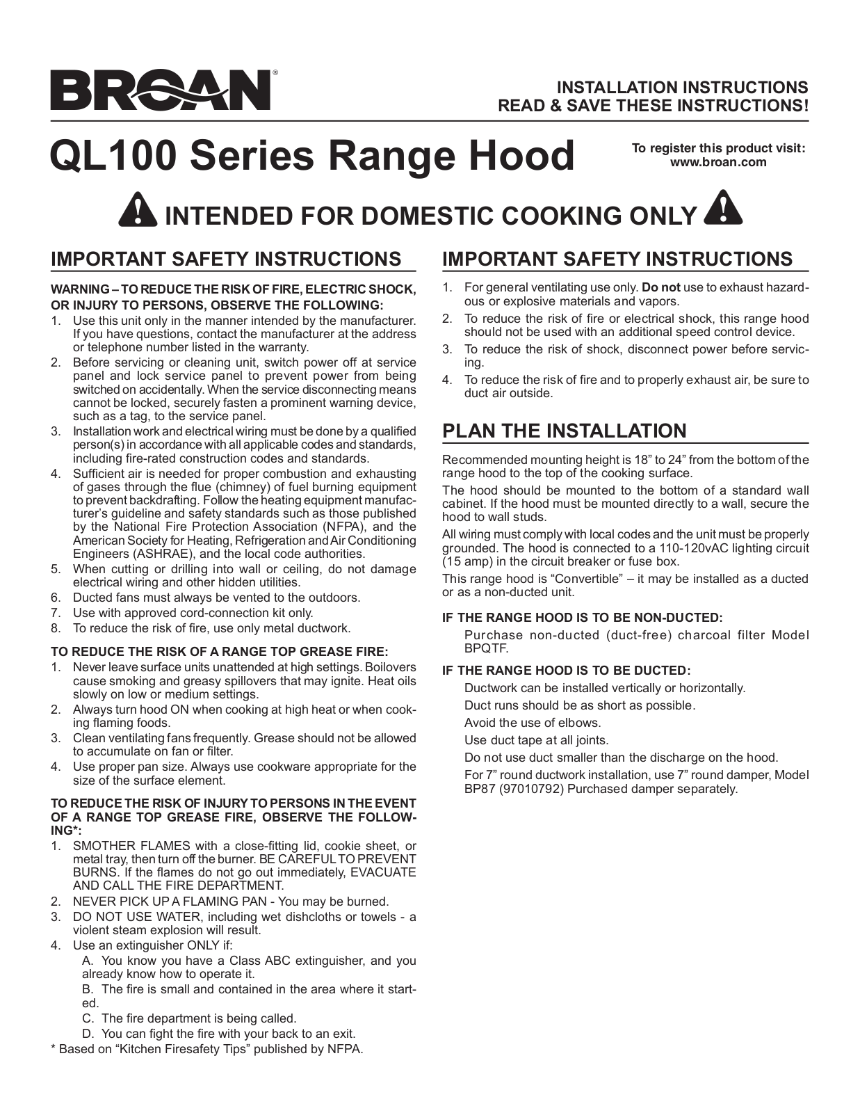 Broan QL130BC, Ql100 User Manual