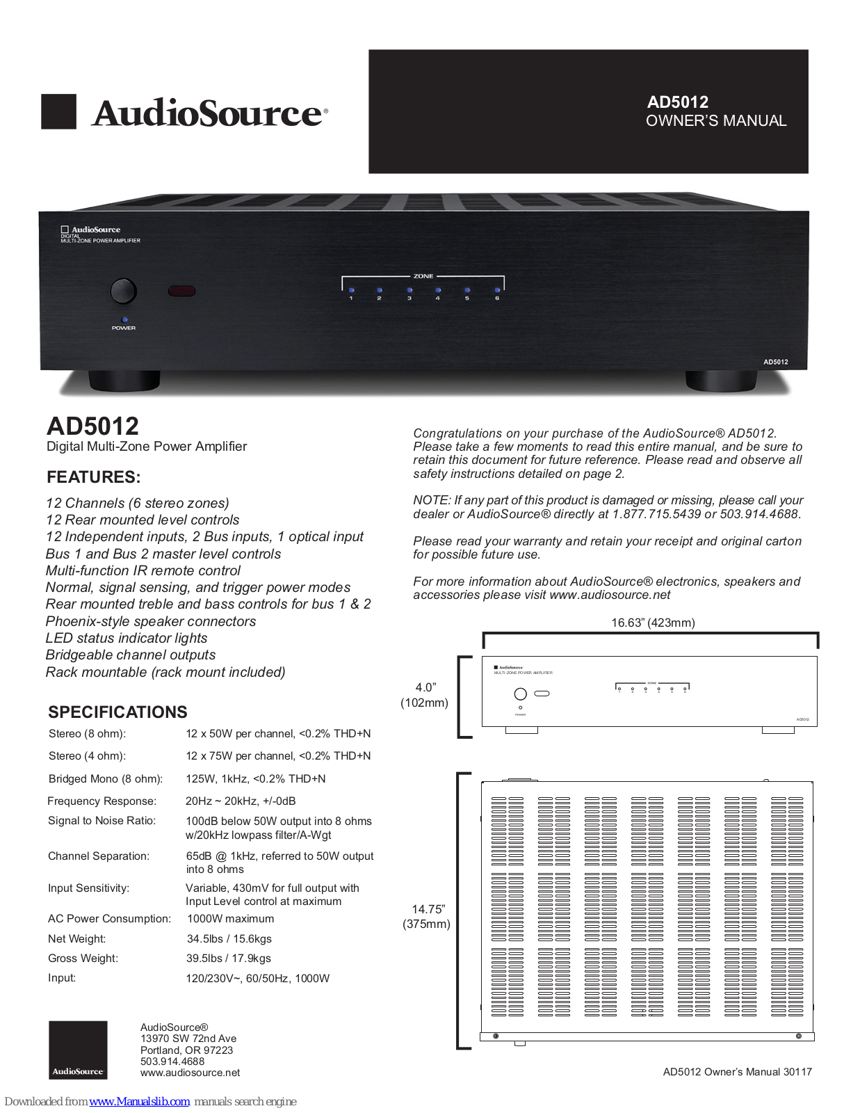 AudioSource AD5012 Owner's Manual