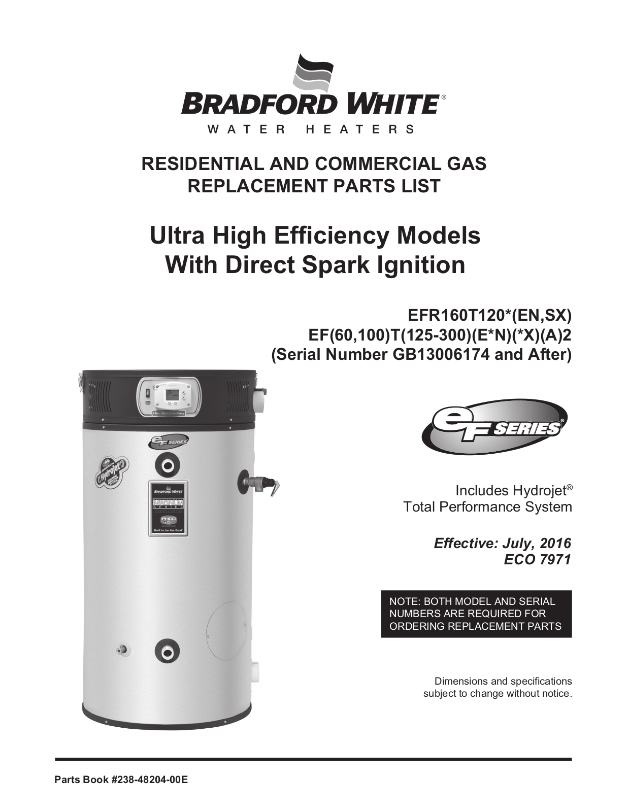 Bradford White EF-60T-125E-3NA, EF-60T-150E-3NA, EF-60T-199E-3NA, EF-100T-150E-3NA, EF-100T-199E-3NA Service manual