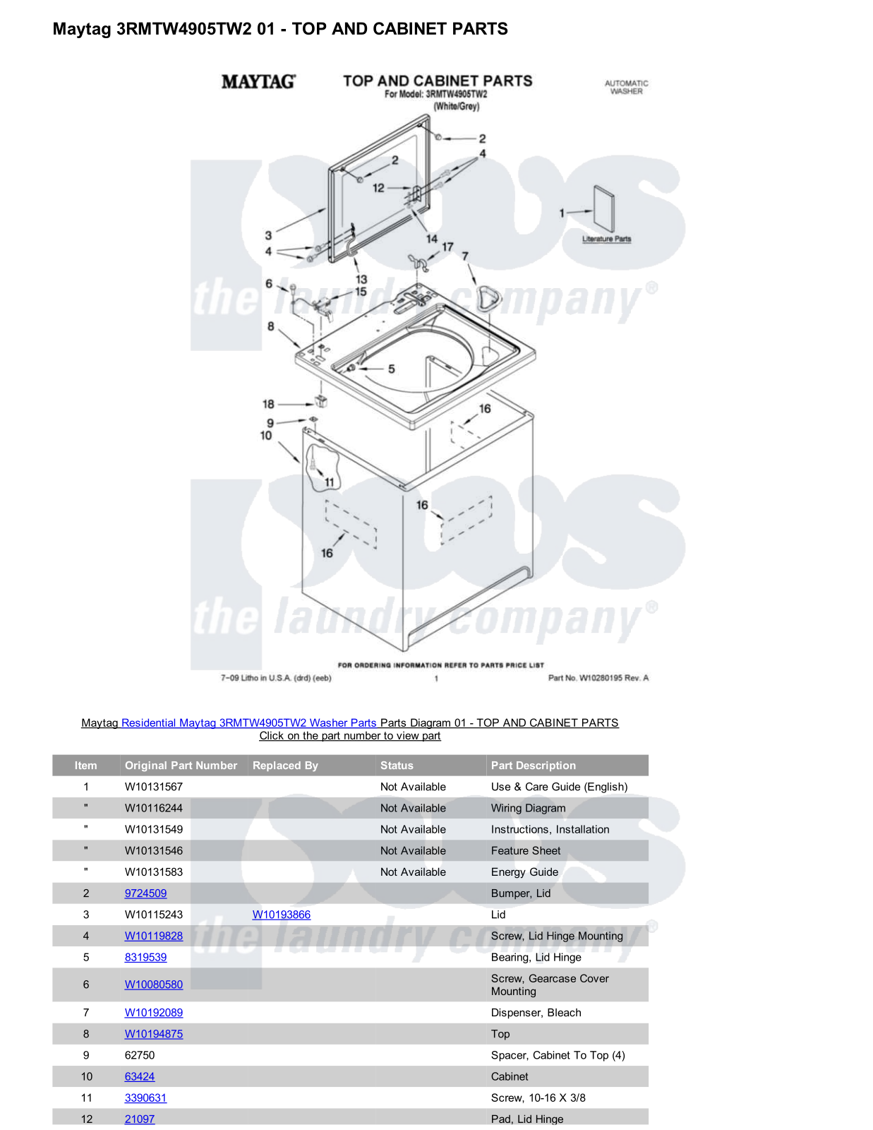 Maytag 3RMTW4905TW2 Parts Diagram