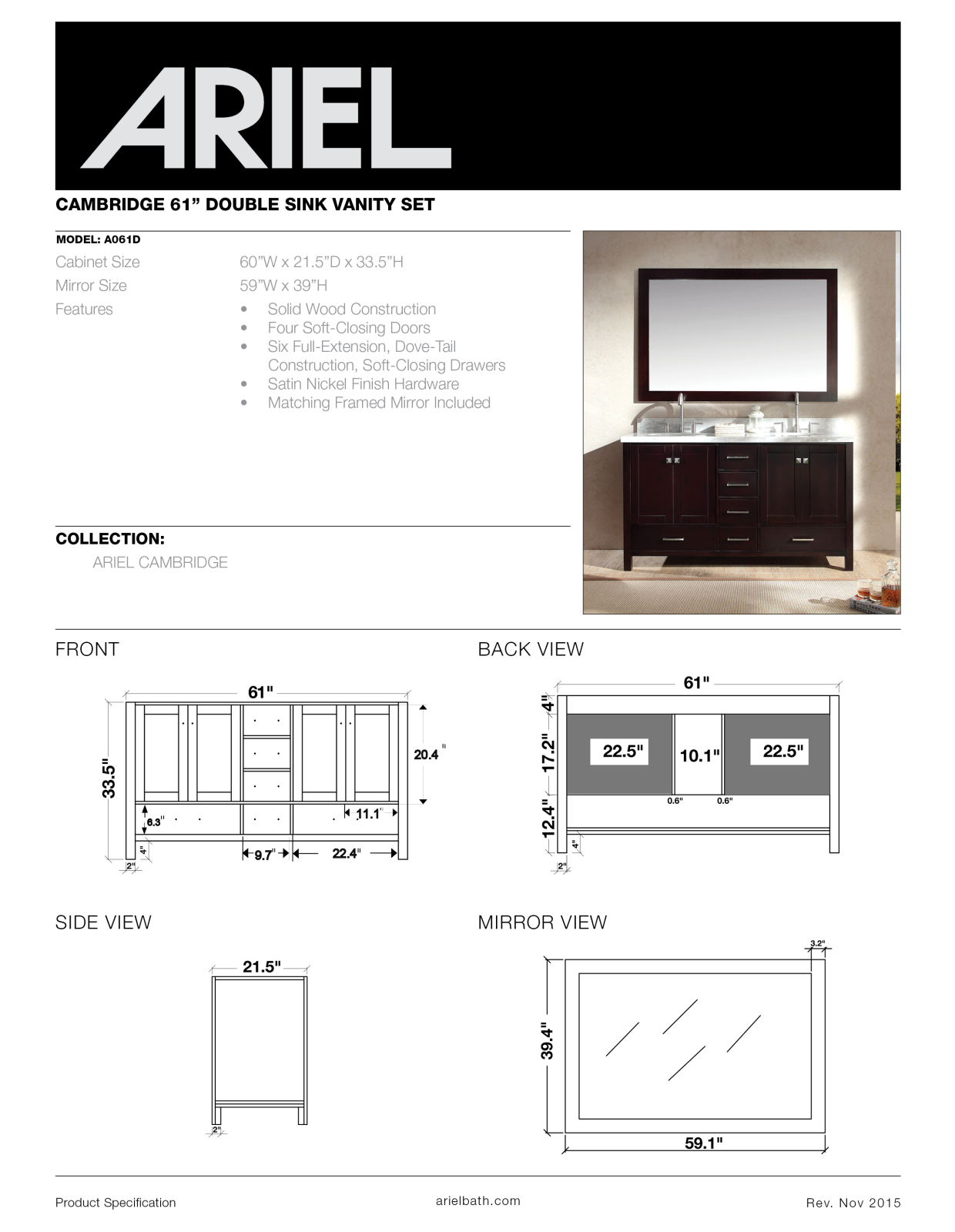 Ariel A061DCWRVOGRY, A061DVOWHT, A061DCWRVOESP, A061DCWRGRY, A061DCWRWHT Specifications - ManualMachine.com