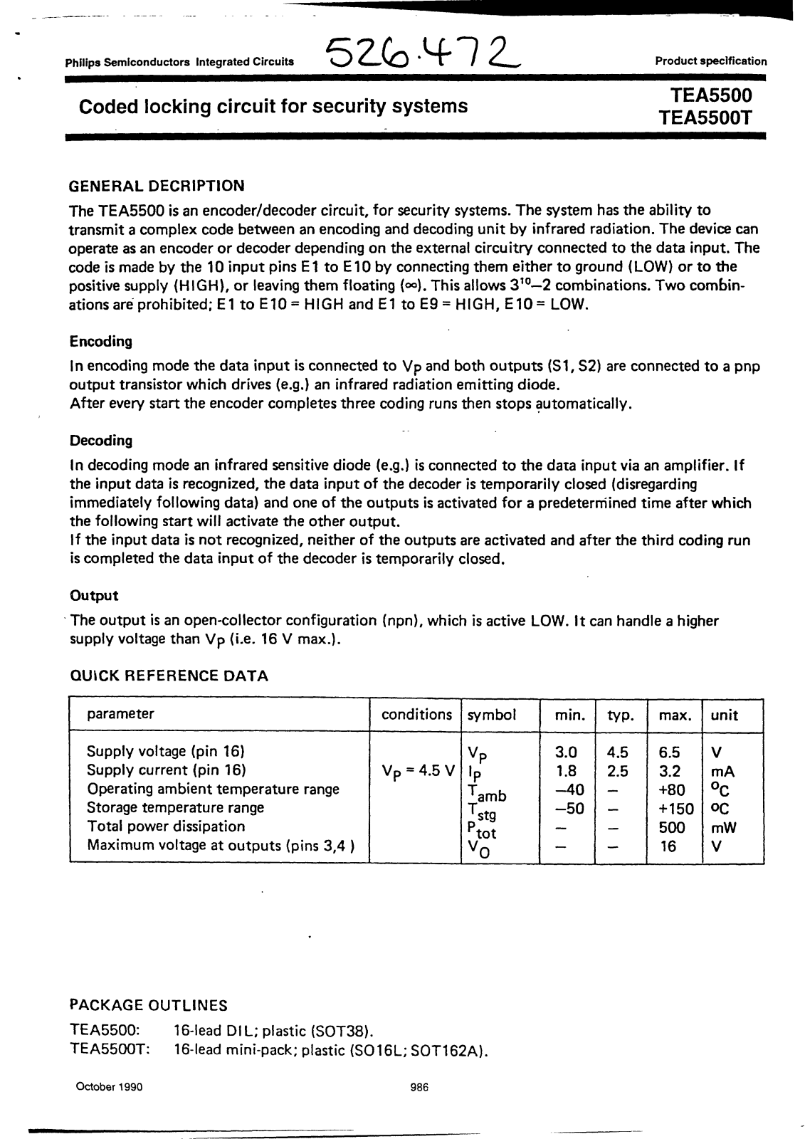 Philips TEA5500T, TEA5500 Datasheet