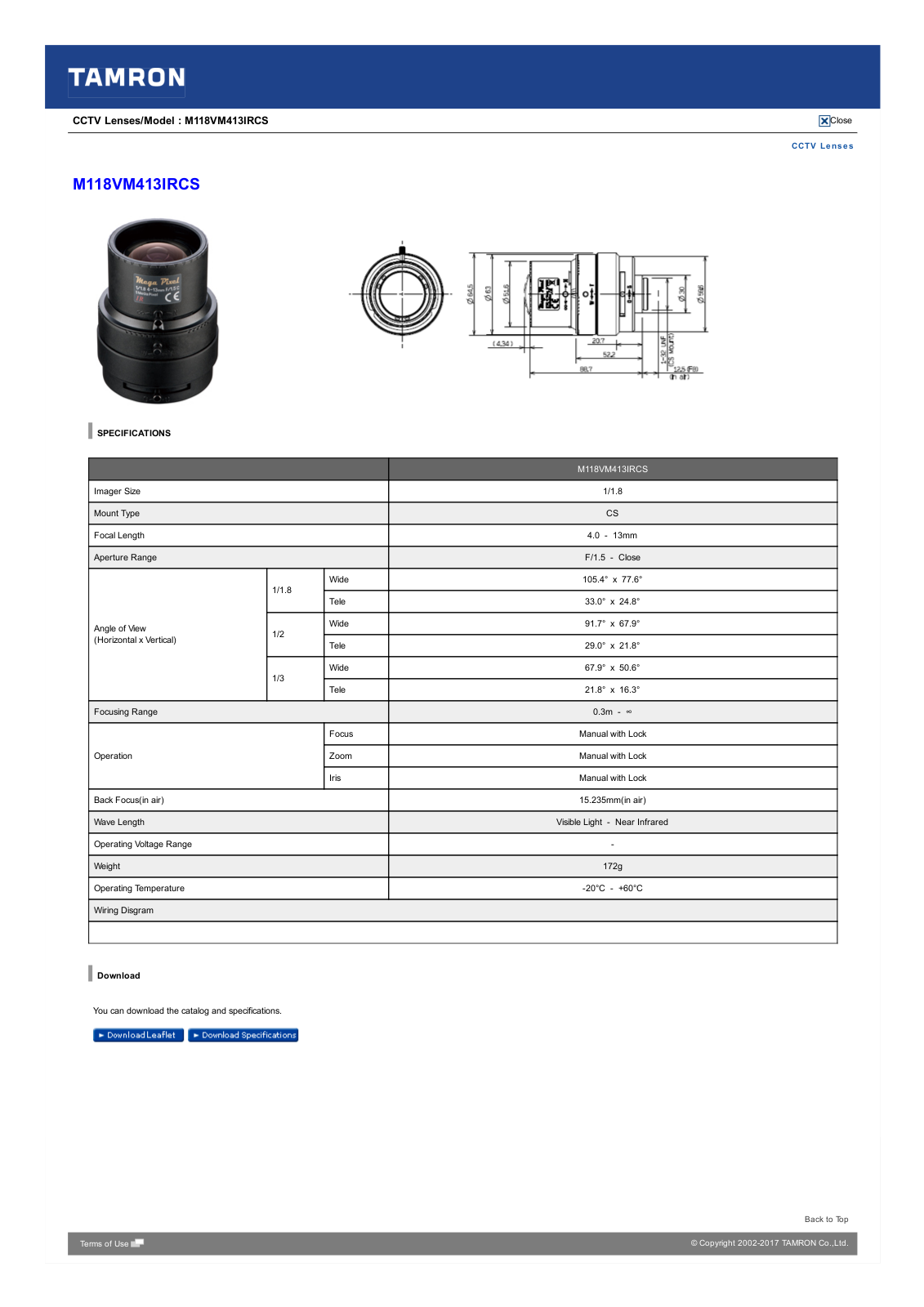 Tamron M118VM413IRCS Specsheet