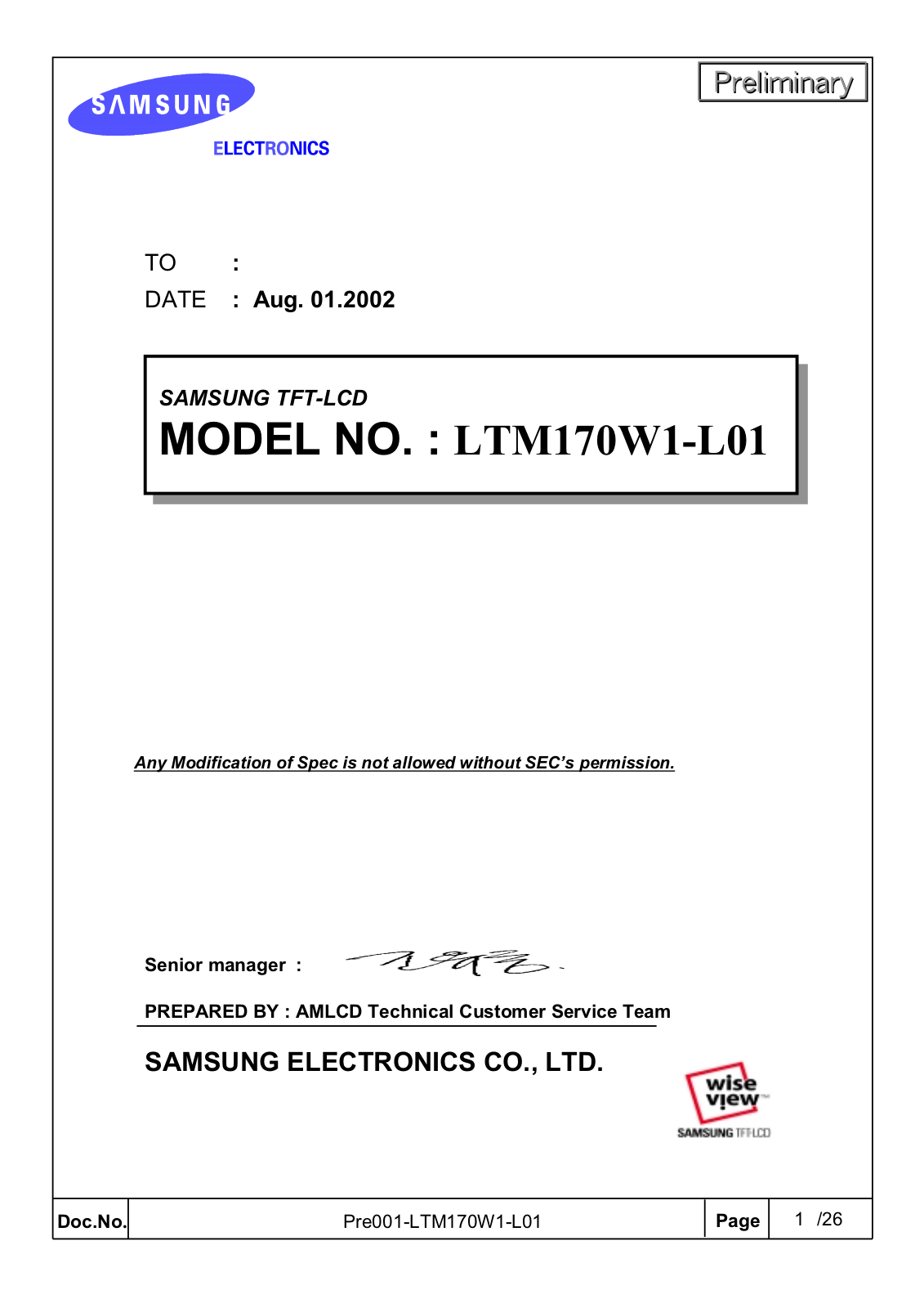 SAMSUNG LTM170W1-L01 Specification