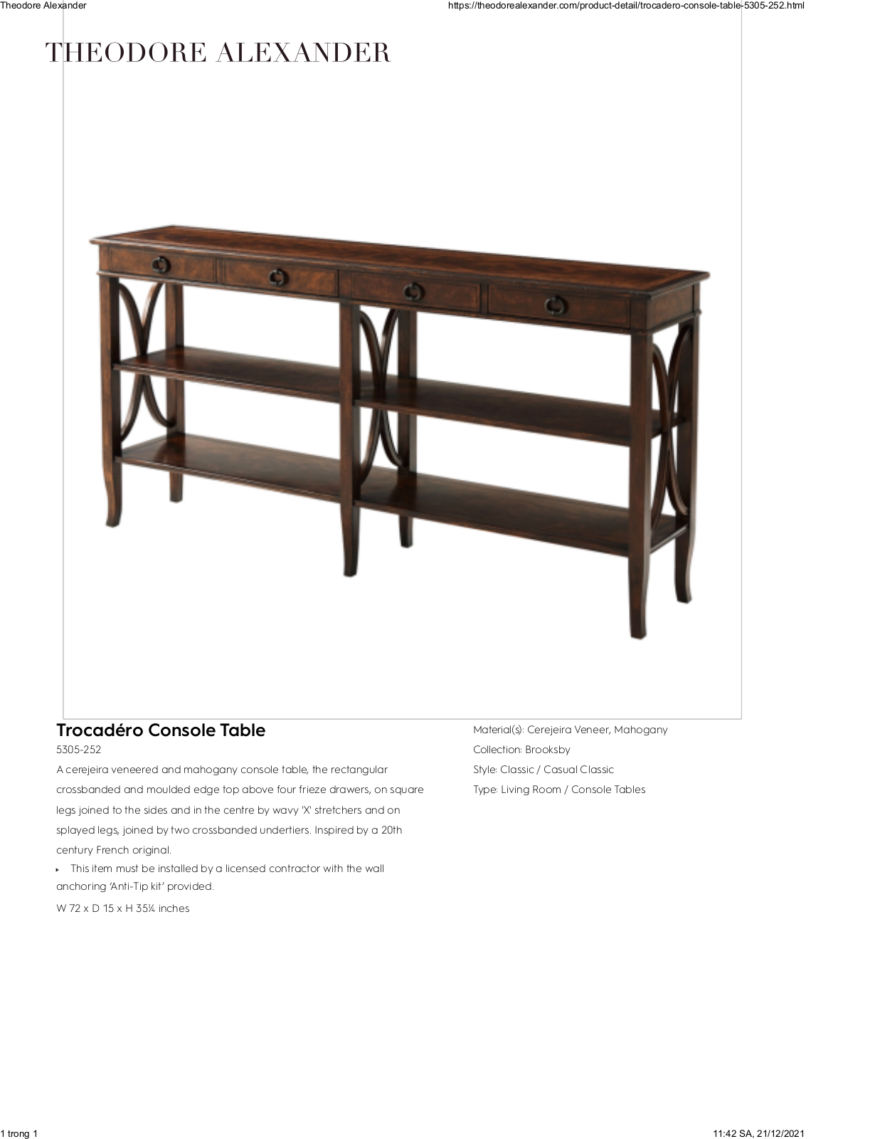 Theodore Alexander FPLJ1188 Specifications - ManualMachine.com