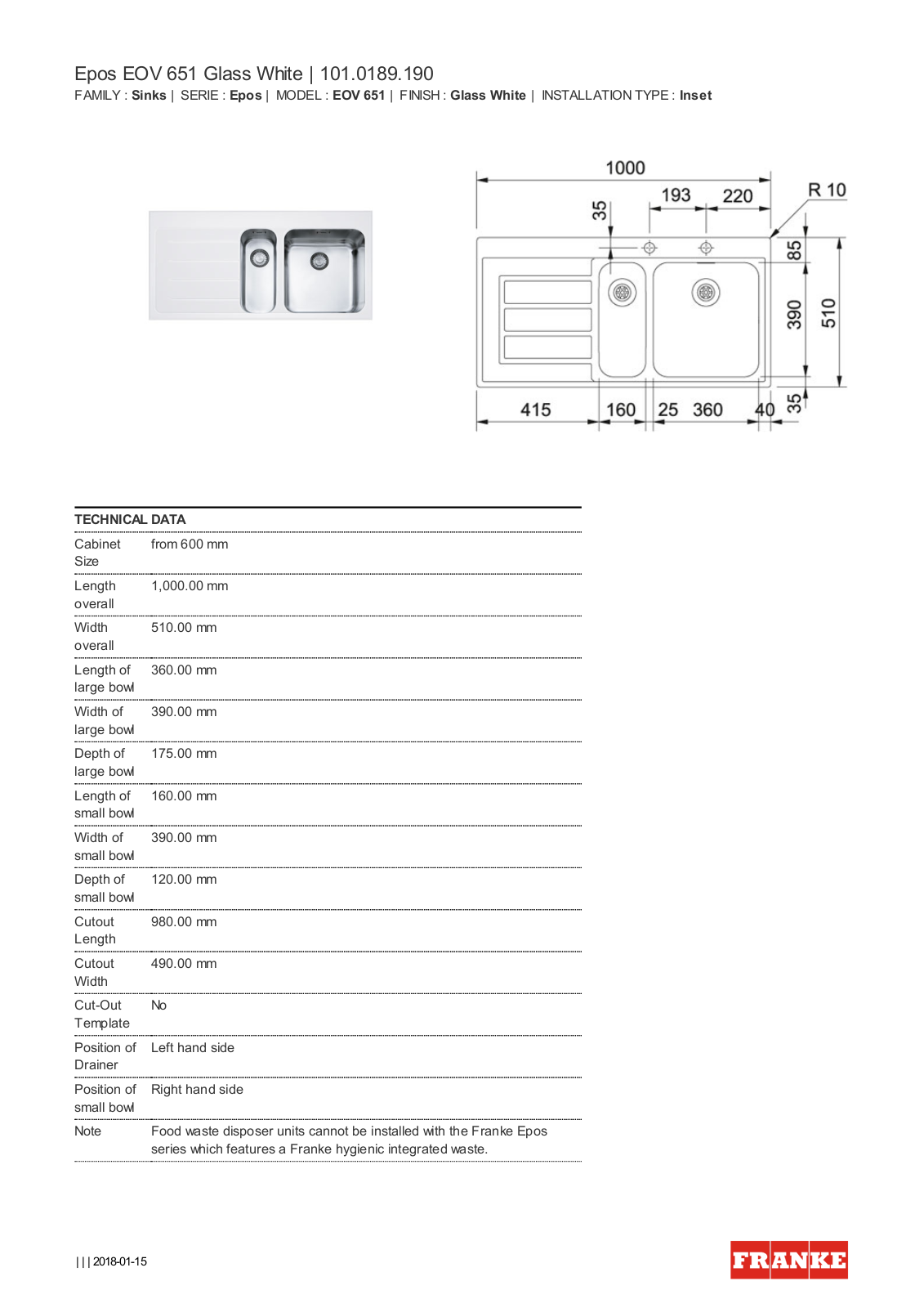 Franke EOV651LHDWH Specifications Sheet