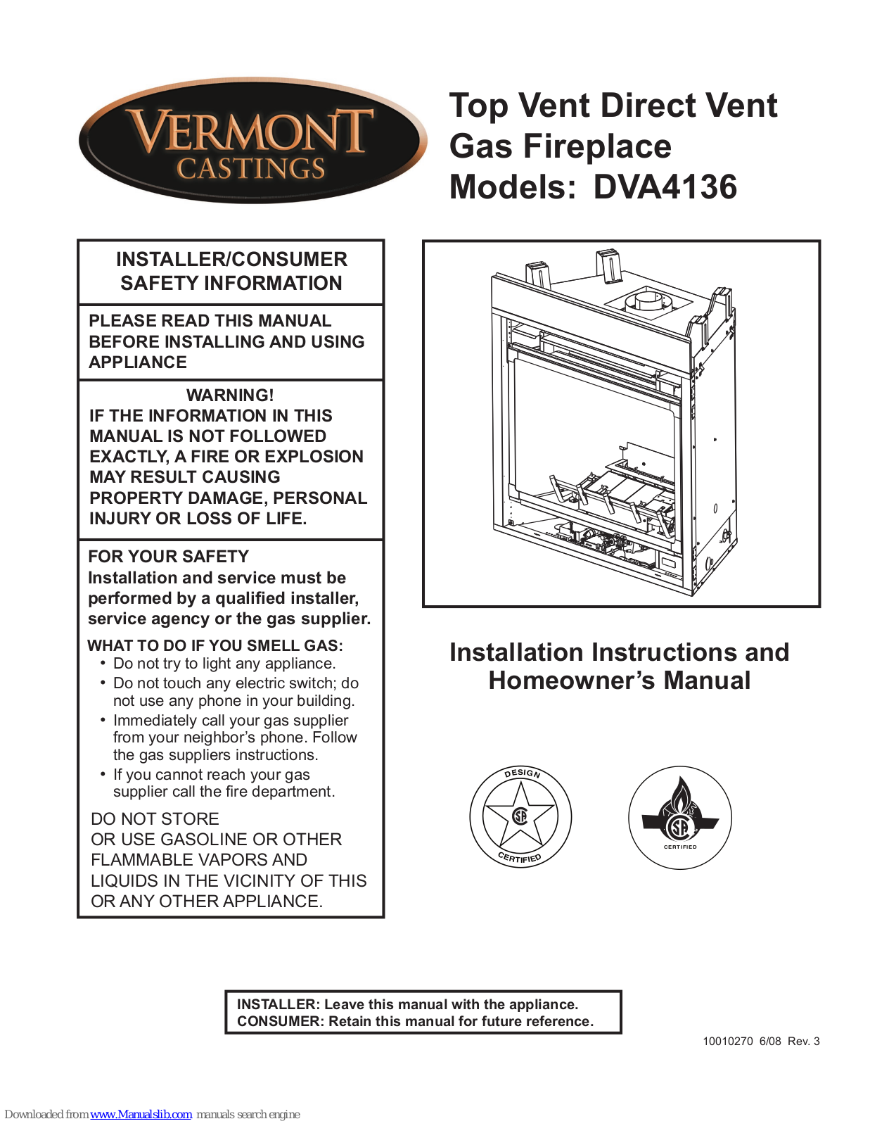 Vermont Castings DVA4136 Installation Instructions And Homeowner's Manual