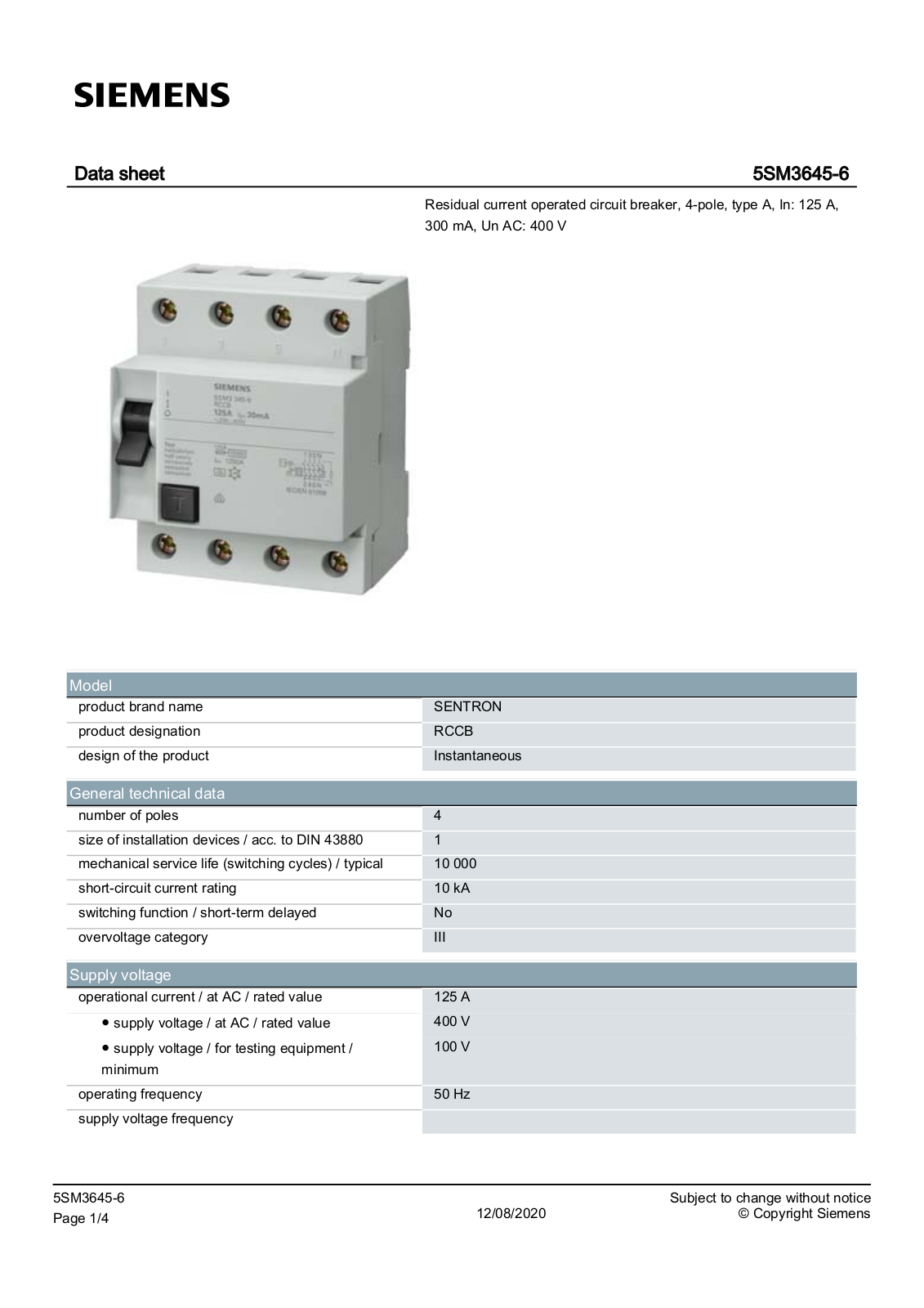 Siemens 5SM3645-6 data sheet